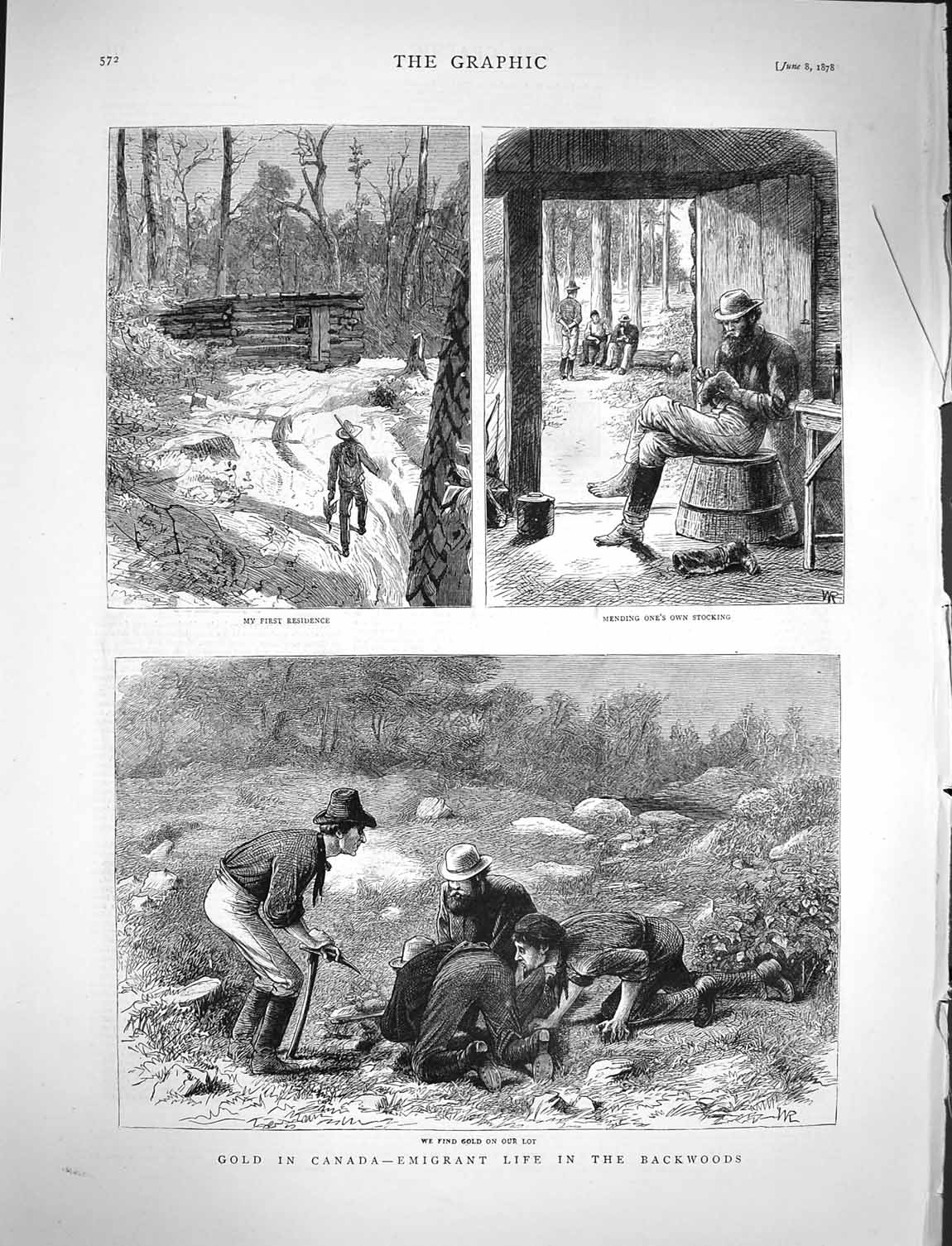 Original Old Antique Print 1878 Golf Mining Canada Emigrants Backwoods Men 19th