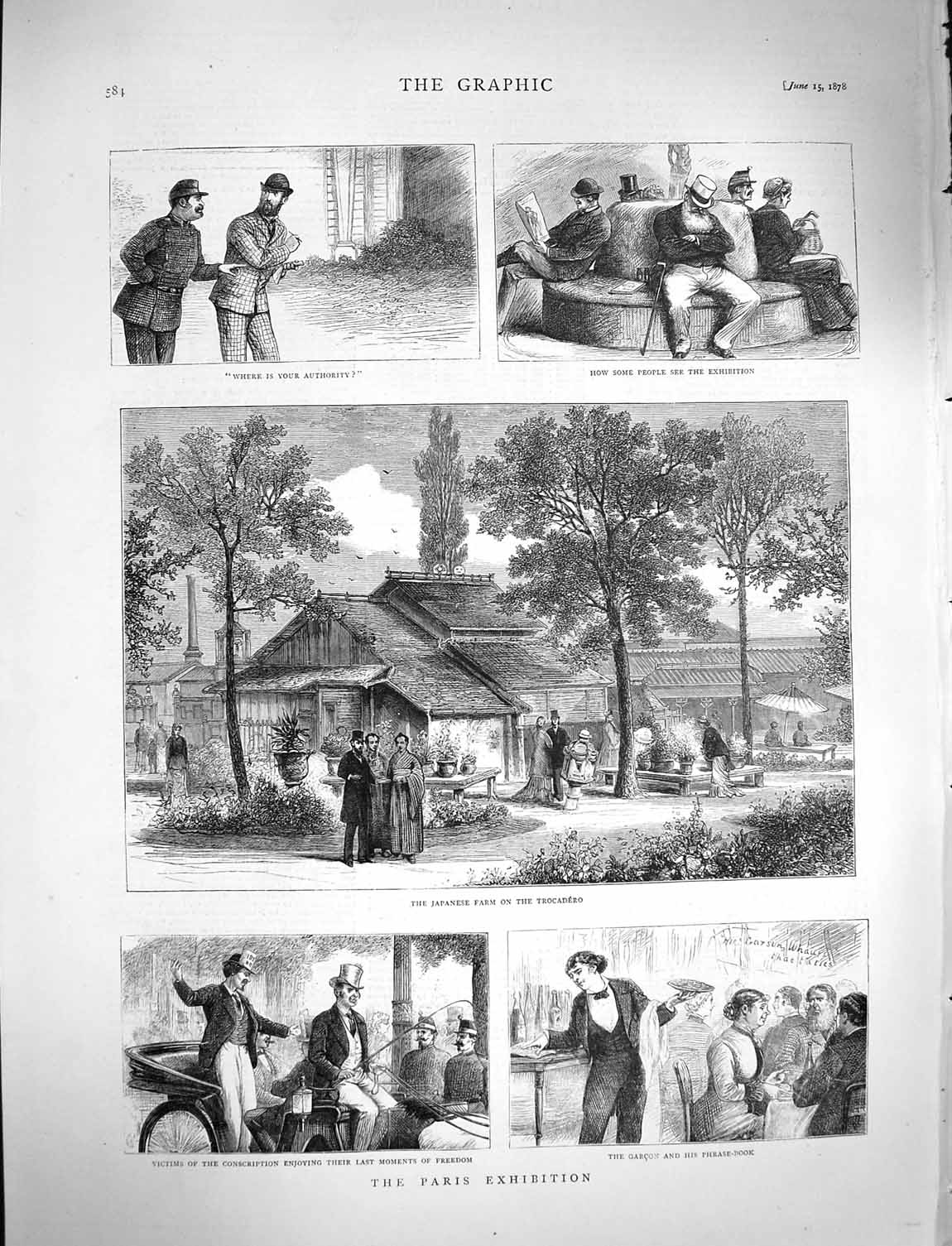 Original Old Antique Print 1878 Paris Exhibition Japanese Farm Trocadero France