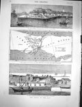 Old Antique Print 1878 Russian Battery Danube British Ships Scutari Map 19th