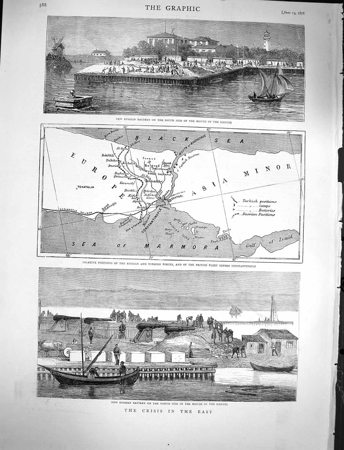 Old Antique Print 1878 Russian Battery Danube British Ships Scutari Map 19th