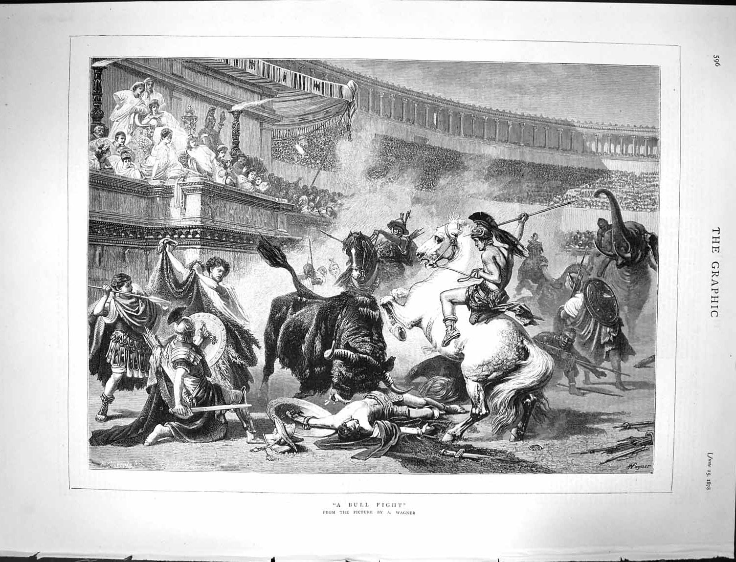 Original Old Antique Print 1878 Wagner Bull Fight Horses Sport Men Victorian
