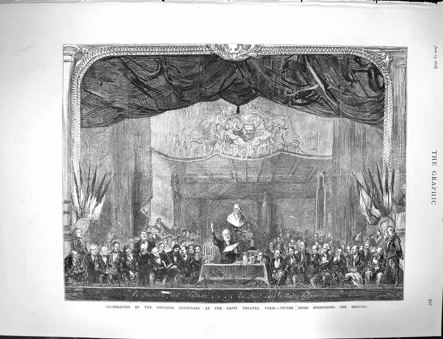 Old Antique Print 1878 Voltaire Centenary Gaite Theatre Paris Victor Hugo 19th