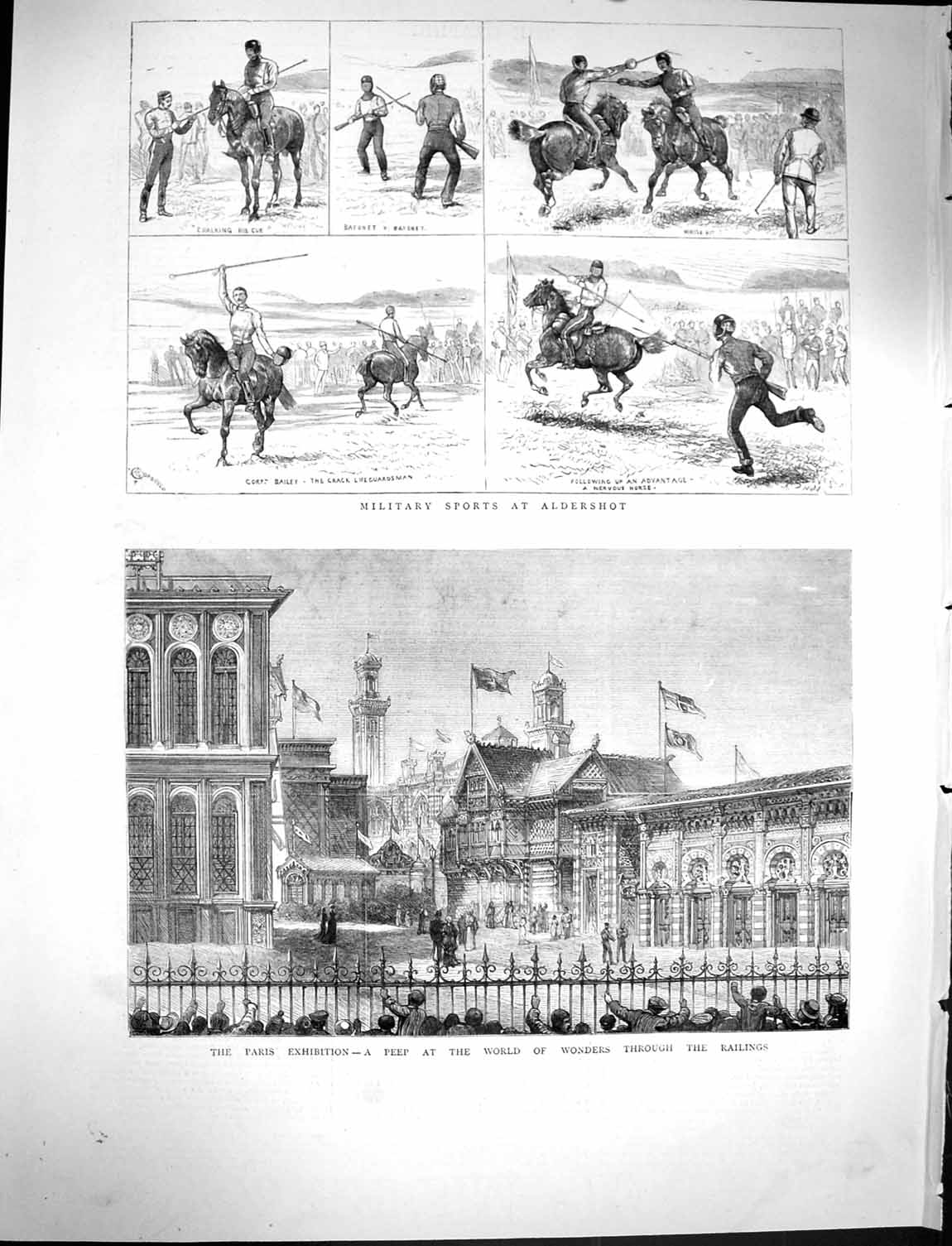 Old Antique Print 1878 Military Sports Aldershot Horses Paris Exhibition 19th