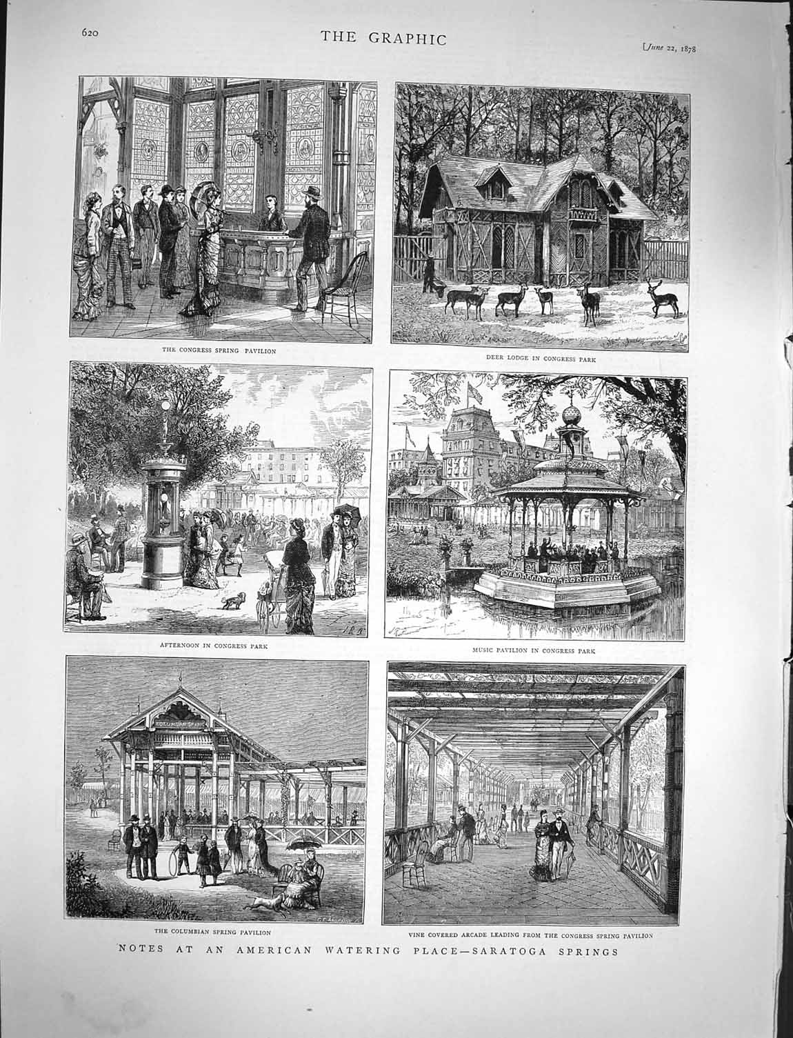 Original Old Antique Print 1878 Saratoga Springs America Congress Park Pavilion