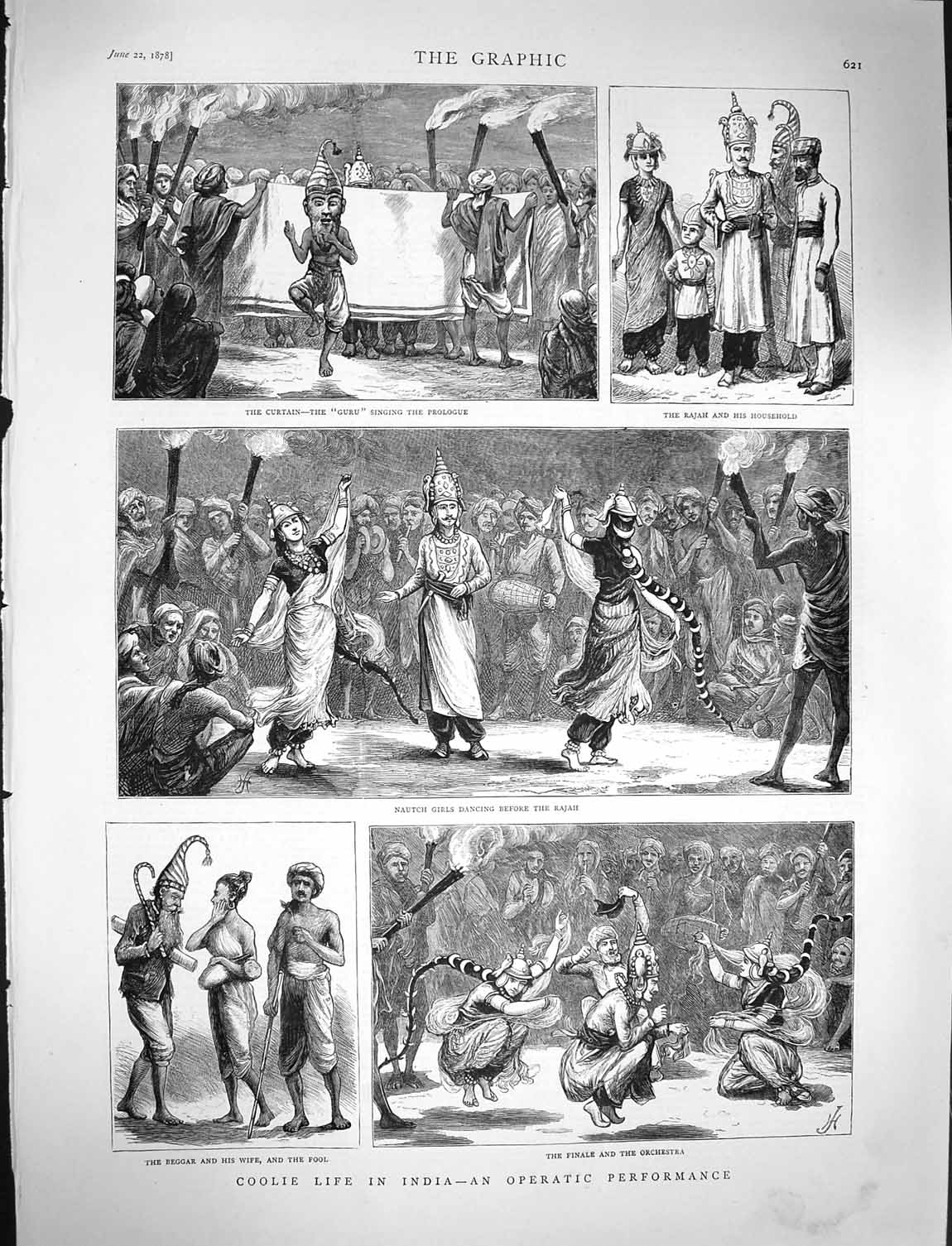 Original Old Antique Print 1878 Coolie Life India Nautch Girls Rajah Orchestra