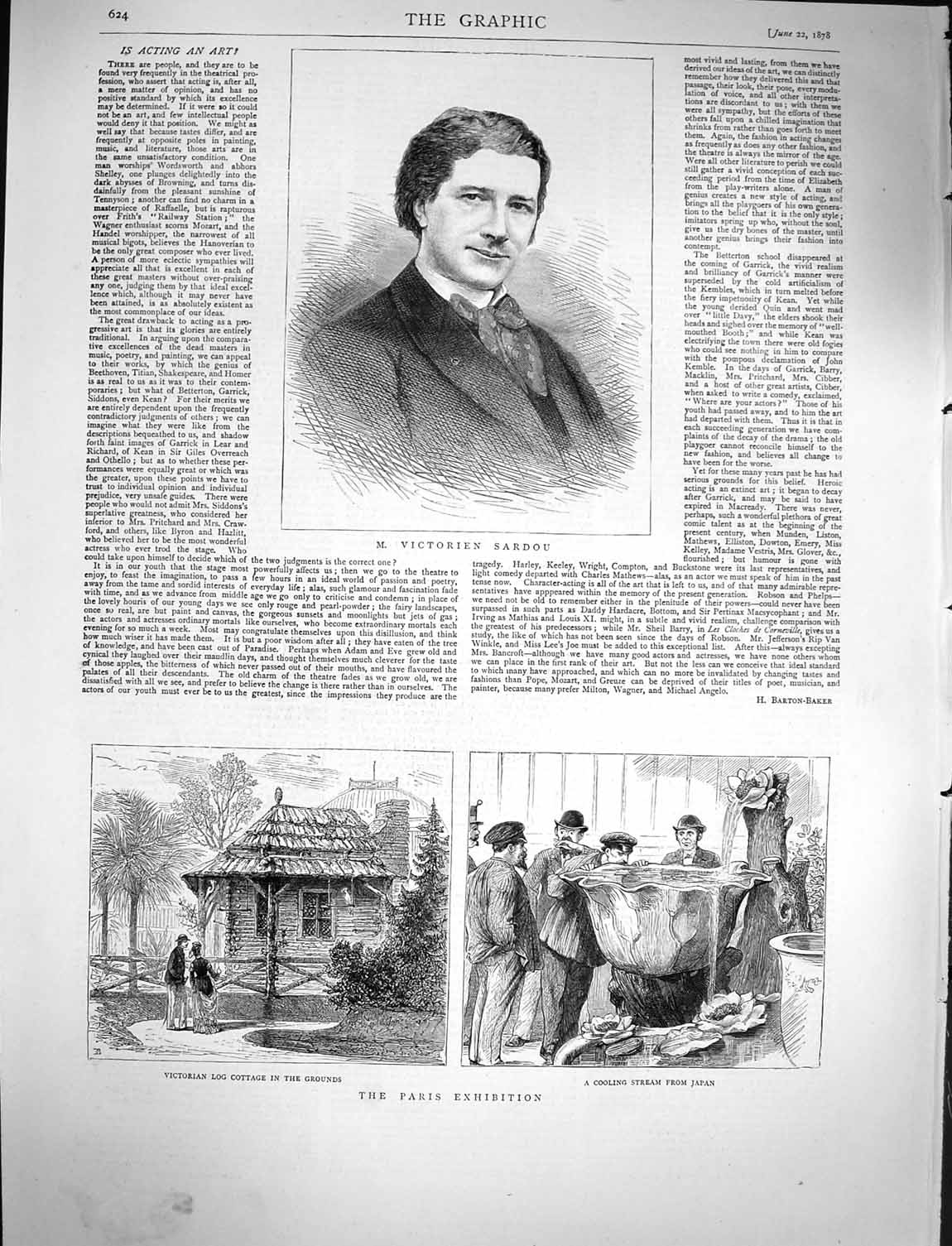 Original Old Antique Print 1878 Victorien Sardou Paris Exhibition Log Cottage