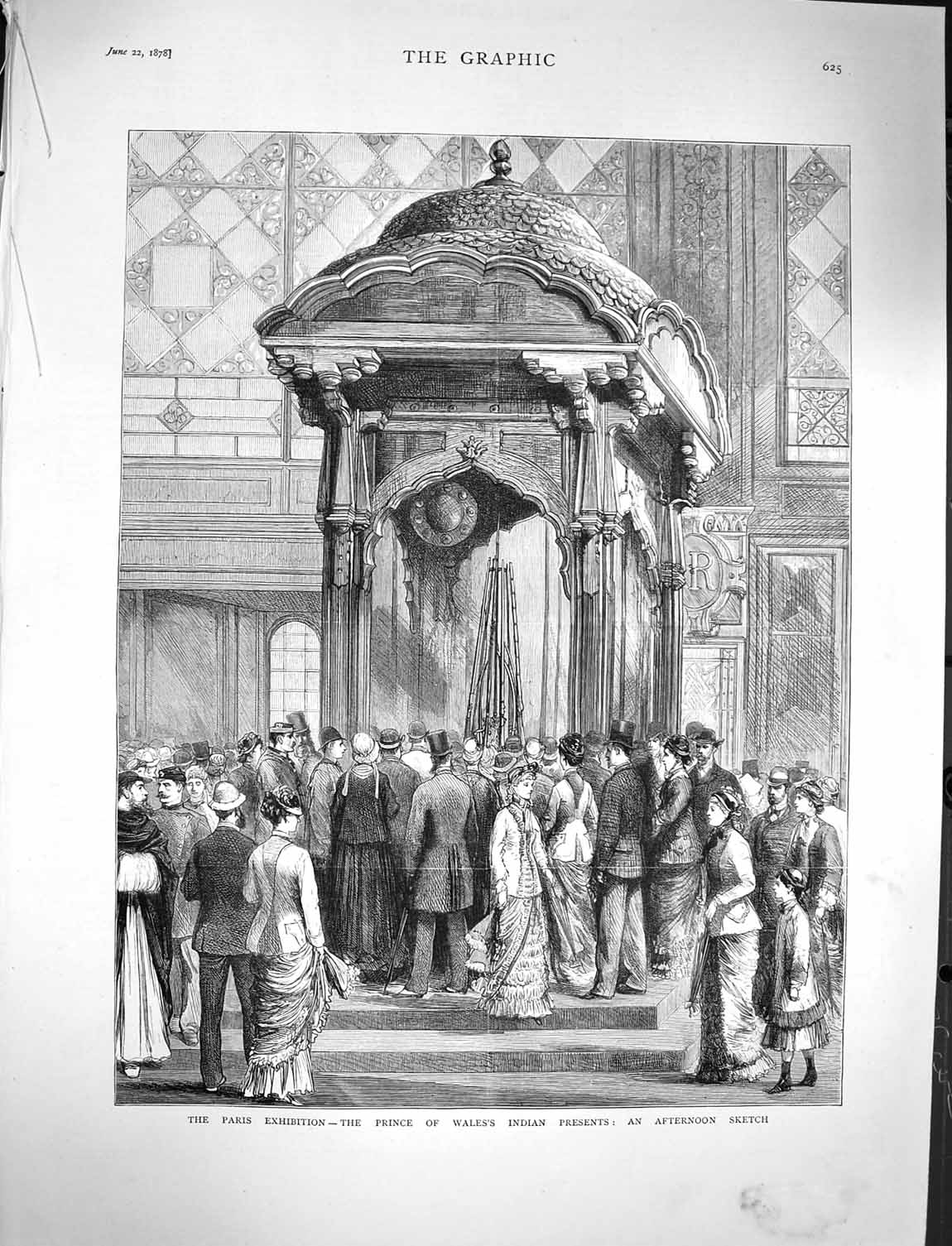 Original Old Antique Print 1878 Prince Wales Indian Paris Exhibition Building