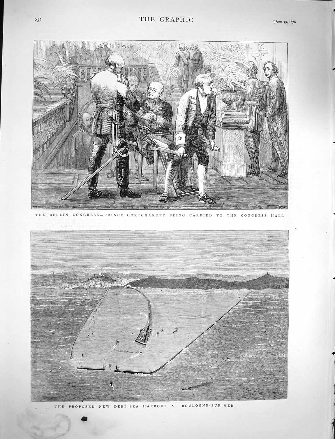 Old Antique Print 1878 Deep-Sea Harbour Boulogne-Sur-Mer Berlin Congress 19th