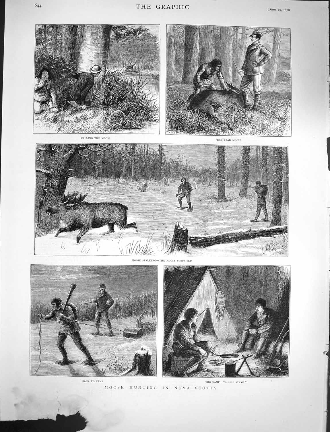 Original Old Antique Print 1878 Moose Hunting Nova Scotia Camp Stalking 19th