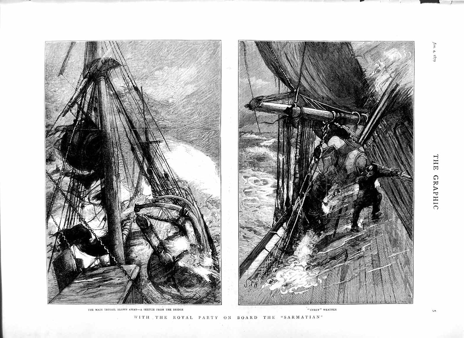 Original Old Antique Print 1879 Royal Party Ship Sarmatian Trysail Storm Bridge