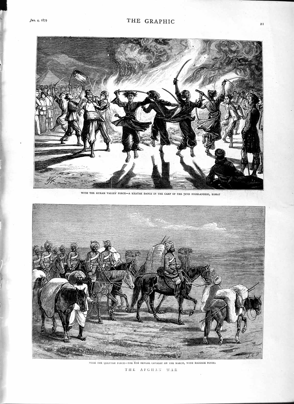 Original Old Antique Print 1879 Afghan War Quettah Force Kuram Khatak Danc 19th
