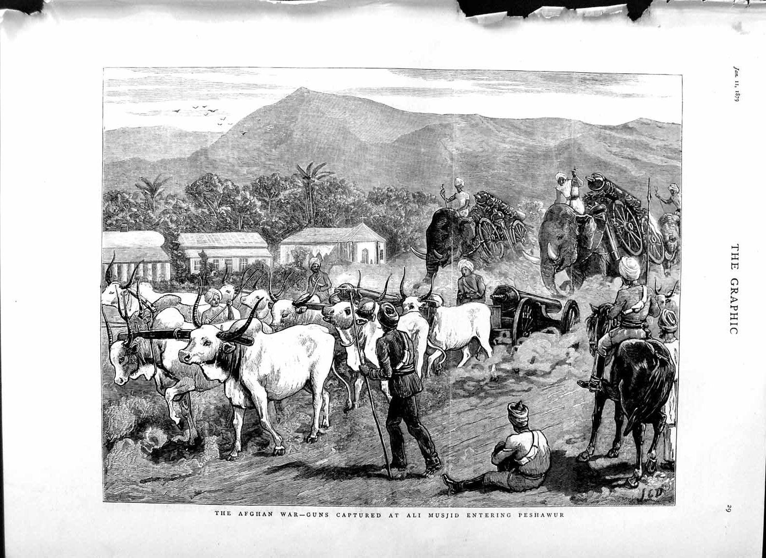 Original Old Antique Print 1879 Afghan War Guns Ali Musjid Peshawur Elepha 19th