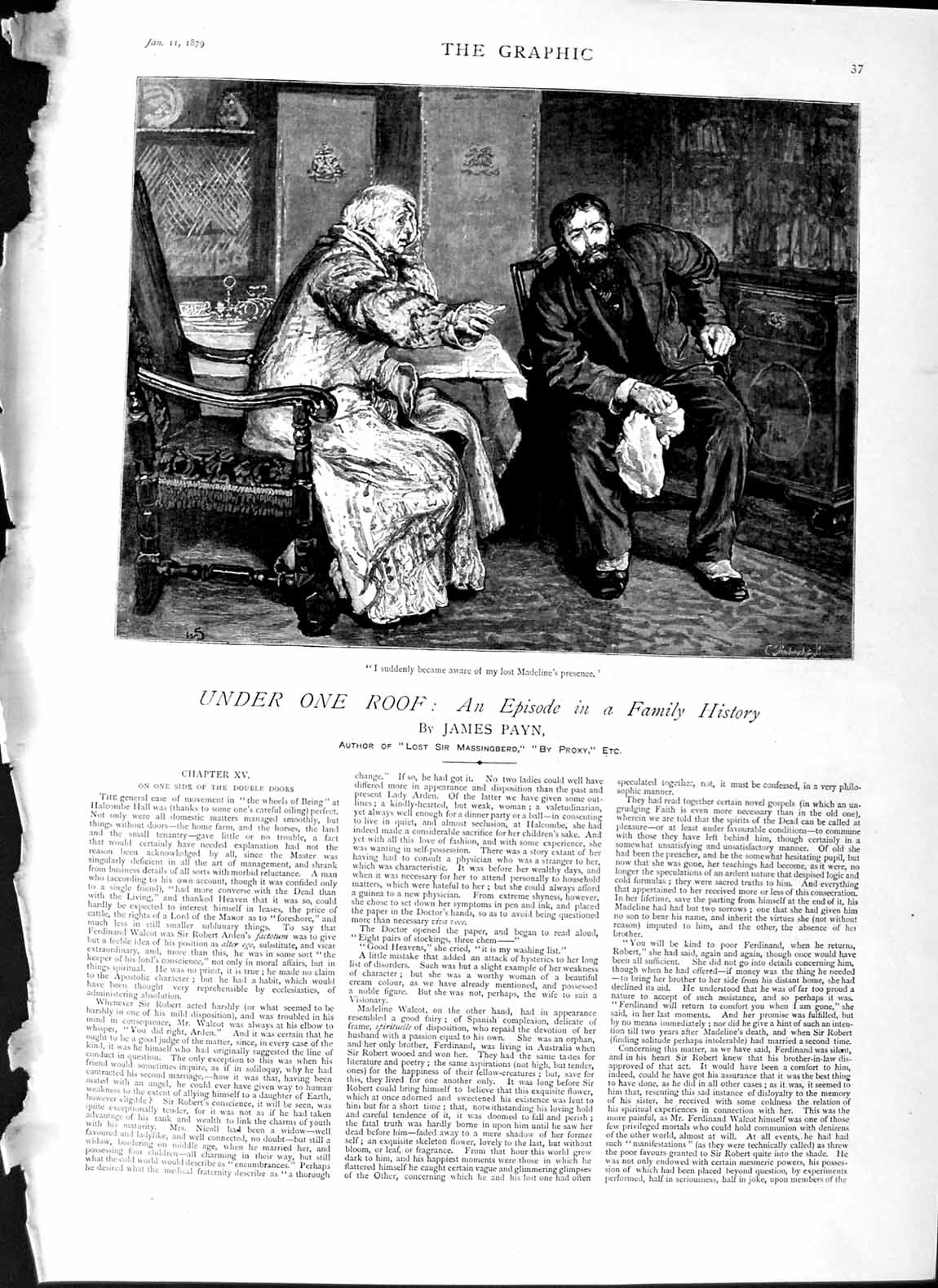 Original Old Antique Print 1879 Illustration Story James Payn Men Chair House