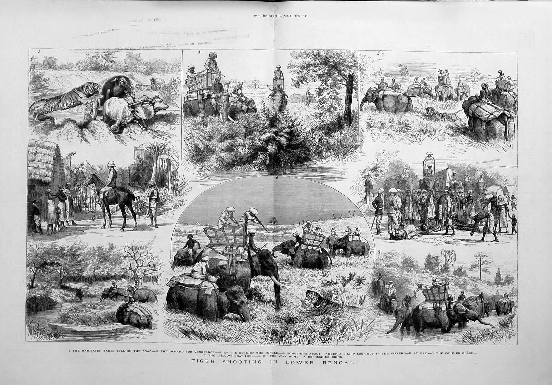Original Old Antique Print 1879 Tiger Hunting Shooting Bengal Elephants 19th
