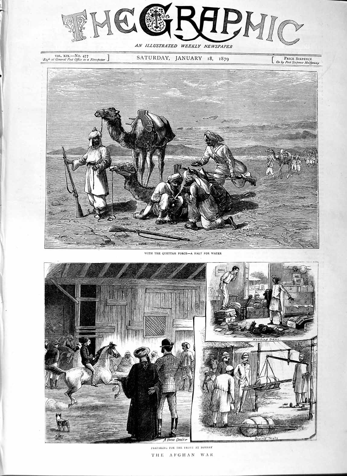 Original Old Antique Print 1879 Afghan War Bombay Quettah Force Camel Horses