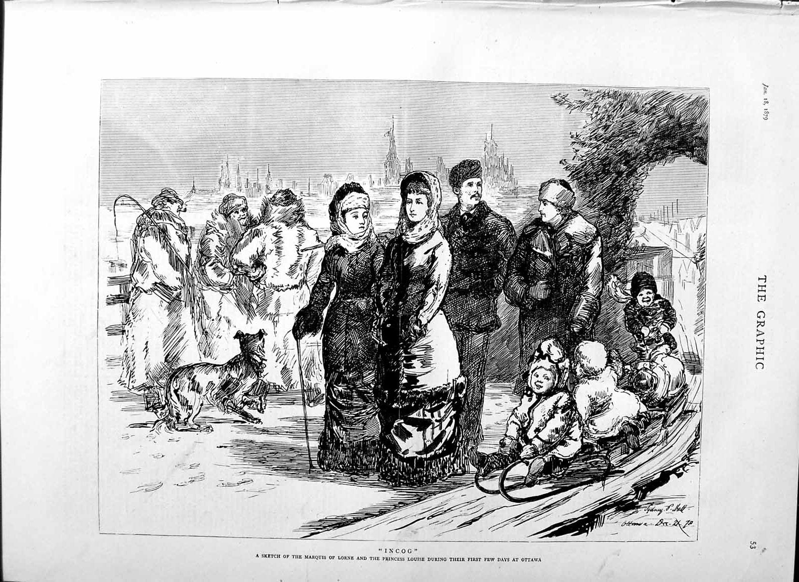 Original Old Antique Print 1879 Marquis Lorne Princess Louise Ottawa Canda Snow