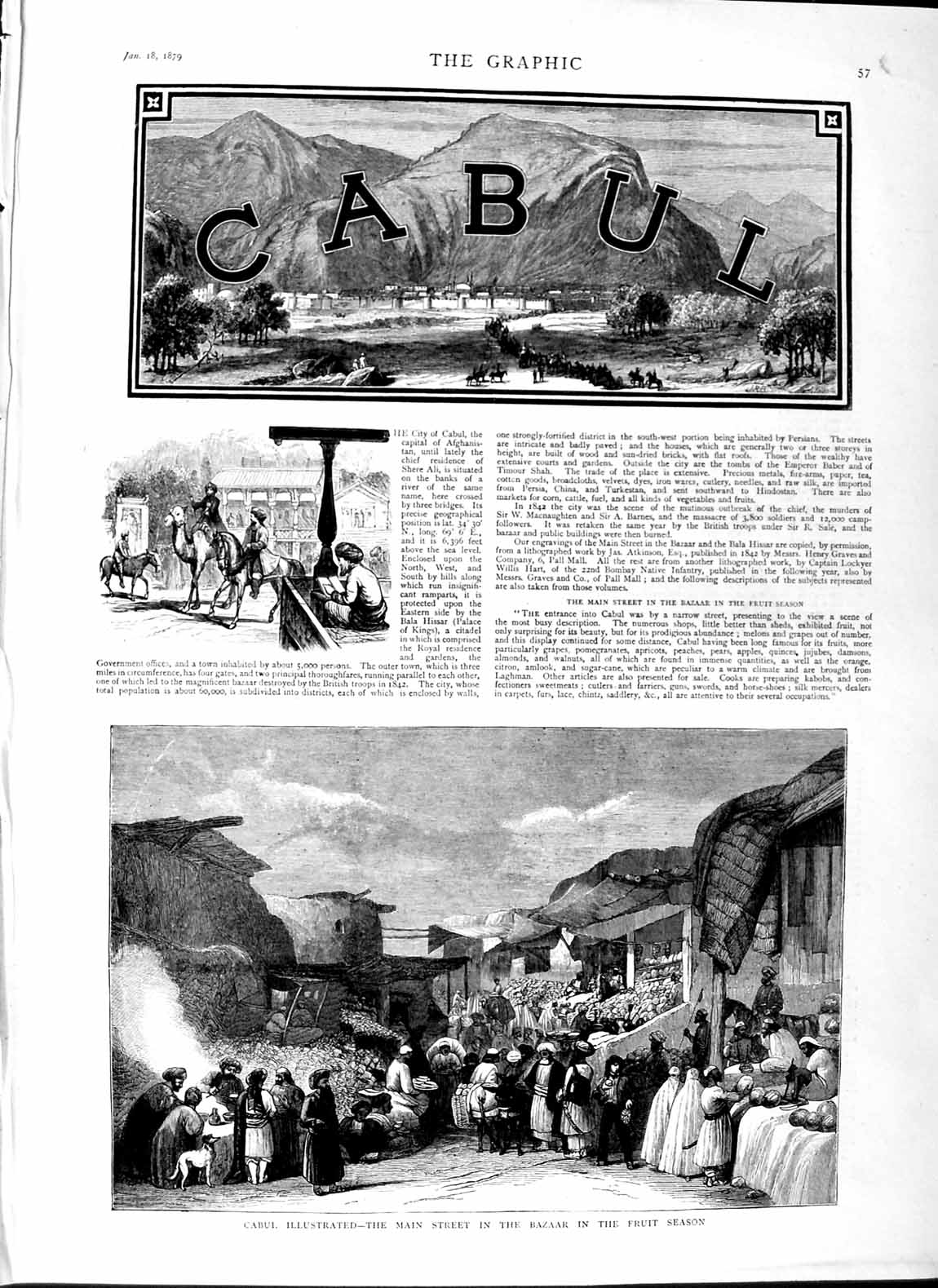 Original Old Antique Print 1879 Cabul Main Street Bazaar Fruit Season Natives