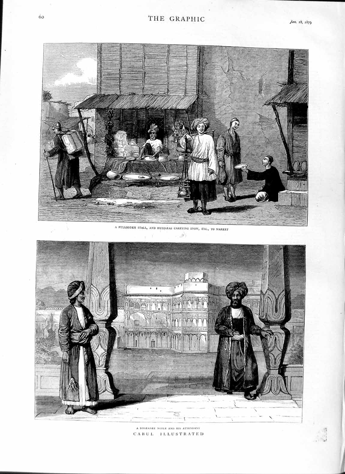 Original Old Antique Print 1879 Cabul Fulloodeh Huzzaras Market Dooranee Noble