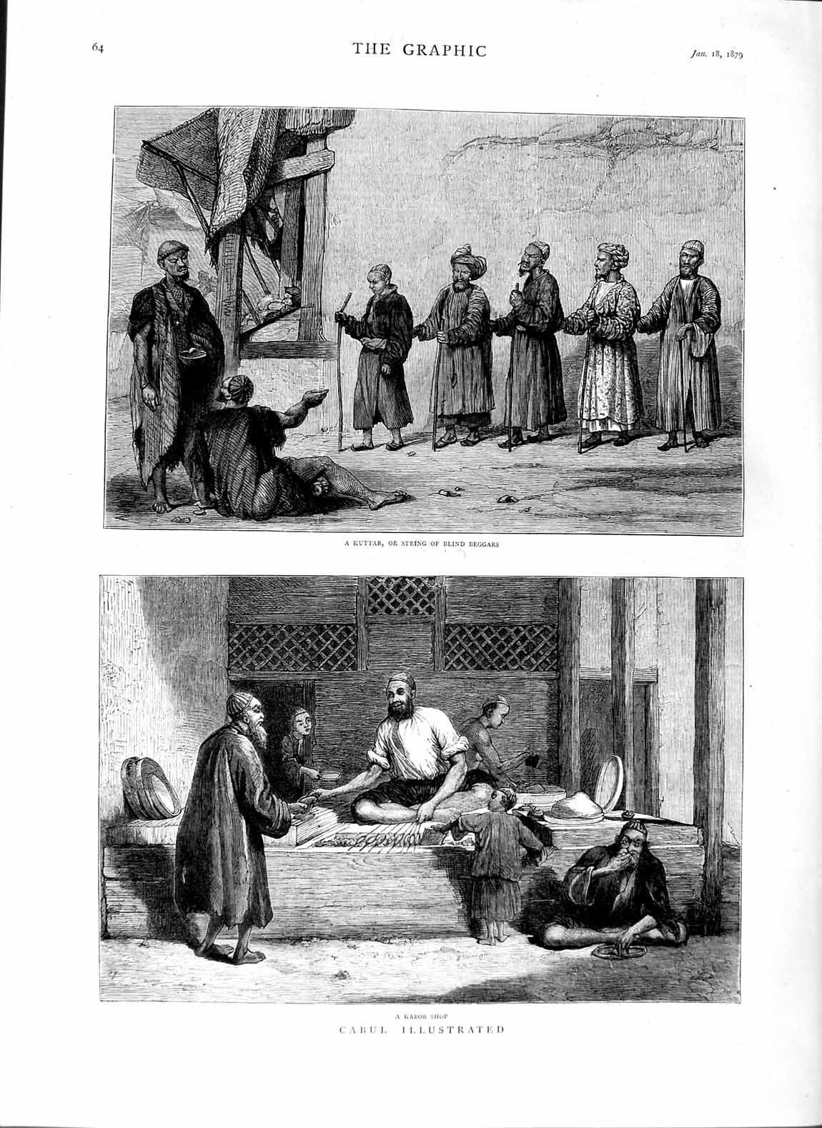 Original Old Antique Print 1879 Cabul Kuttar Blind Beggars Kabob Shop Natives