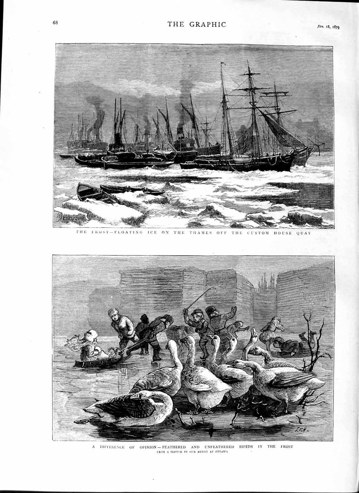 Old Antique Print 1879 Frost Winter Ships River Thames Custom Quay Birds 19th