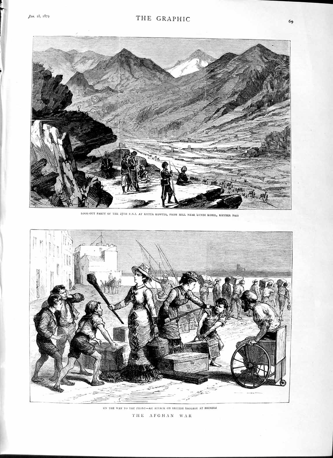Original Old Antique Print 1879 Afghan War Brindisi Kutta Kowtia Lundi Khyb 19th