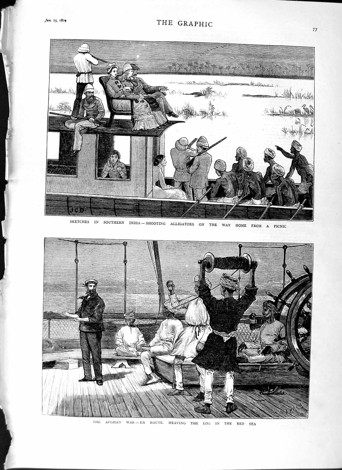 Old Antique Print 1879 Afghan War Red Sea Ship India Shooting Aligators 19th