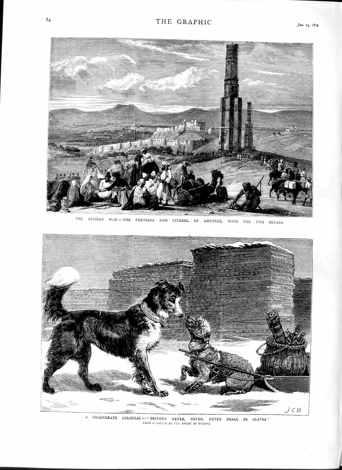 Original Old Antique Print 1879 Afghan War Fortress Citadel Ghuznee Dogs Ottawa