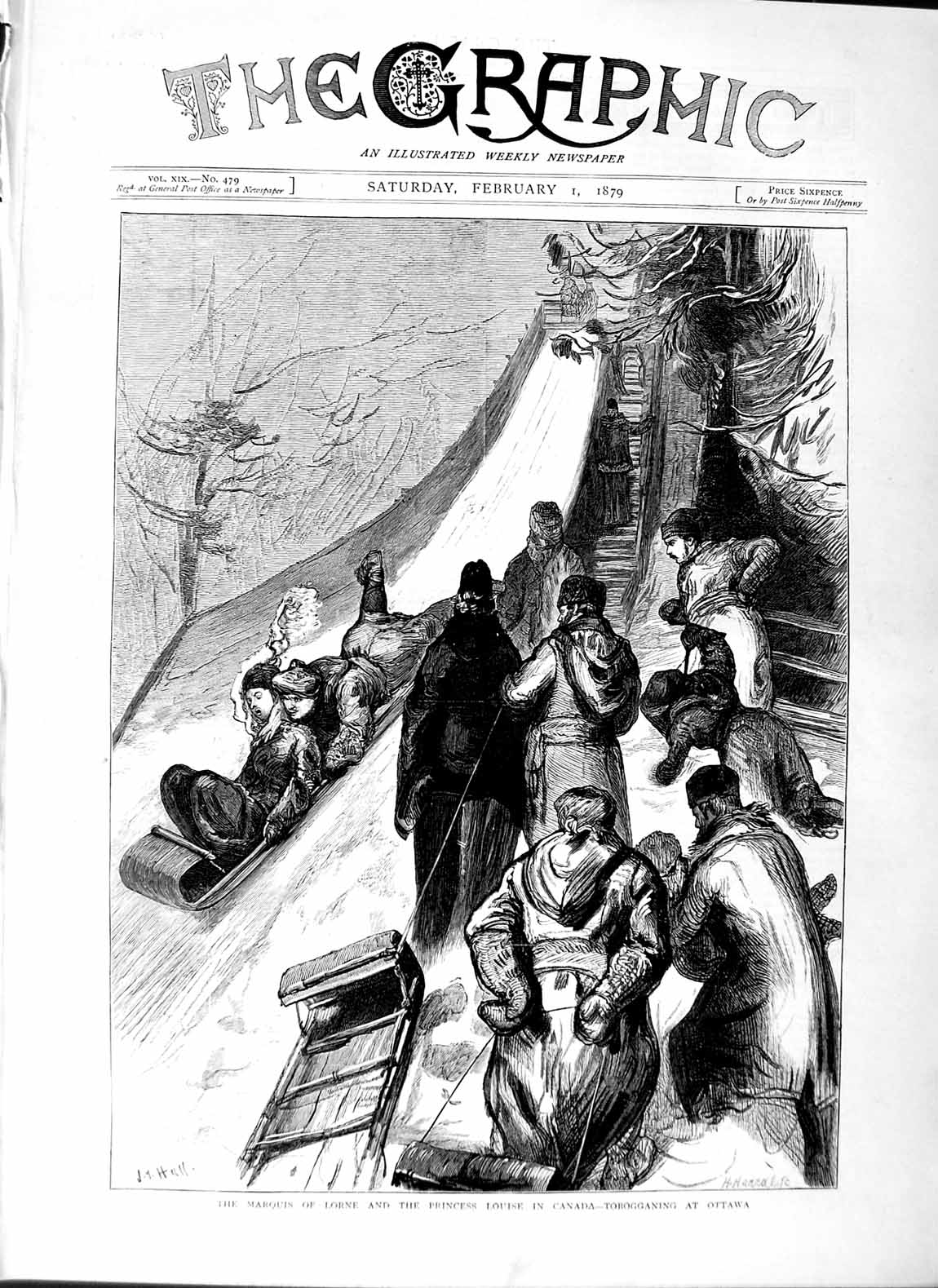 Original Old Antique Print 1879 Marquis Lorne Pricess Louise Canada Ottawa Snow