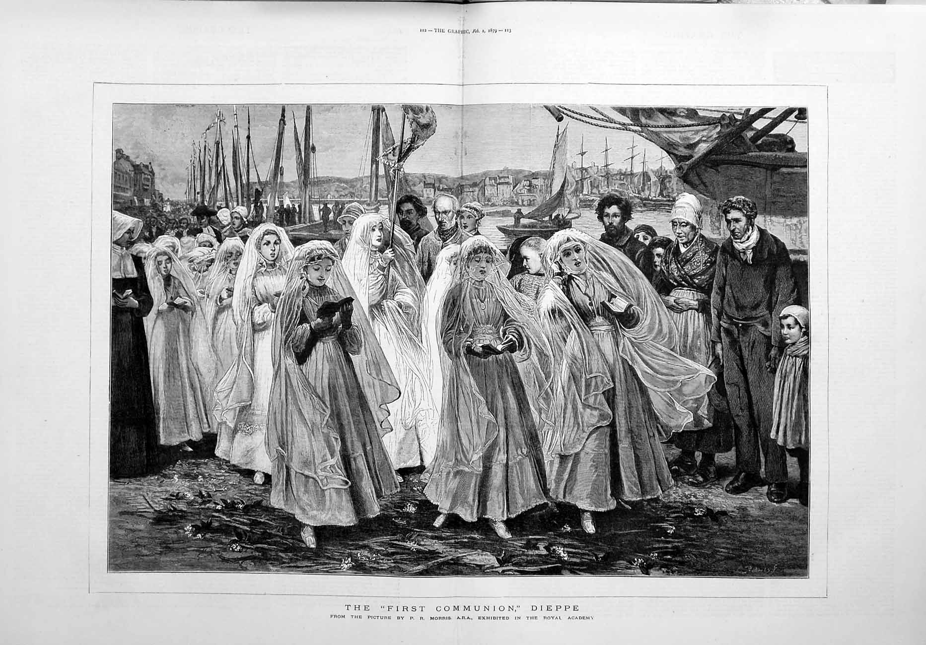 Original Old Antique Print 1879 Children Communion Dieppe France Royal Academy