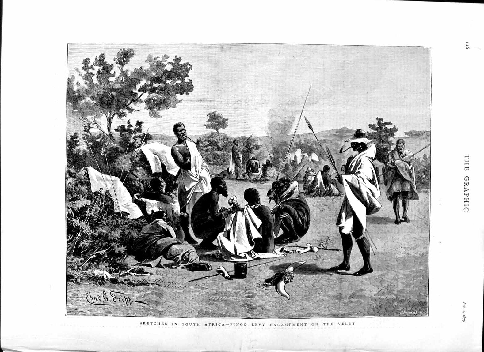 Old Antique Print 1879 South Africa Fingo Levy Encampment Veldt Natives 19th