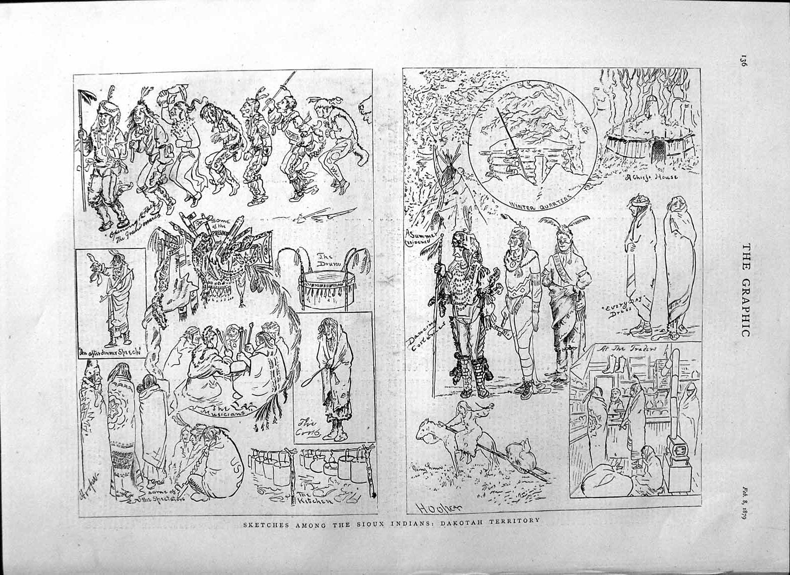 Original Old Antique Print 1879 Sioux Indians Dakotah Territory Sketches 19th