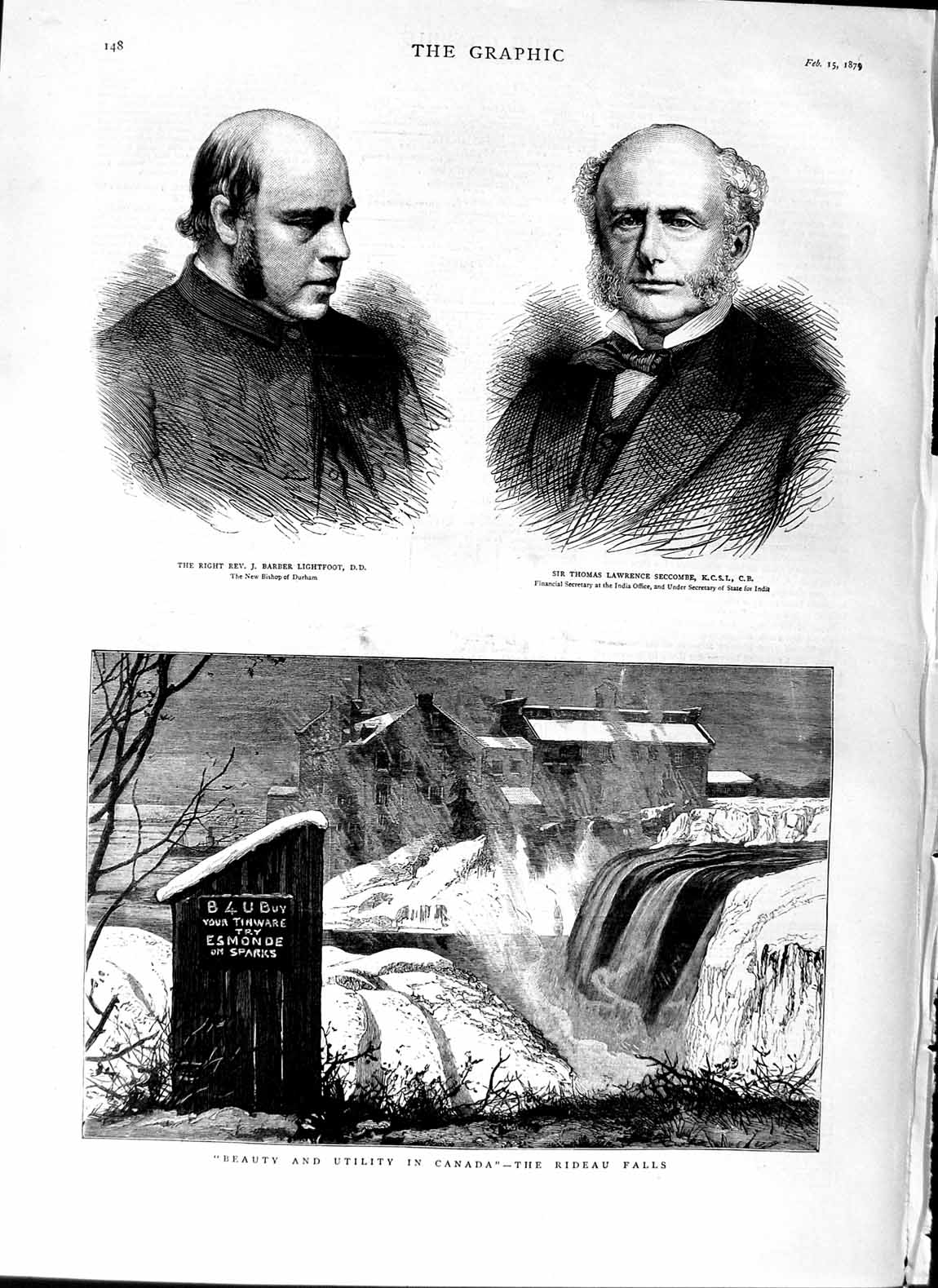 Original Old Antique Print 1879 Canada Rideau Falls Lightfoot Bishop Secco 19th