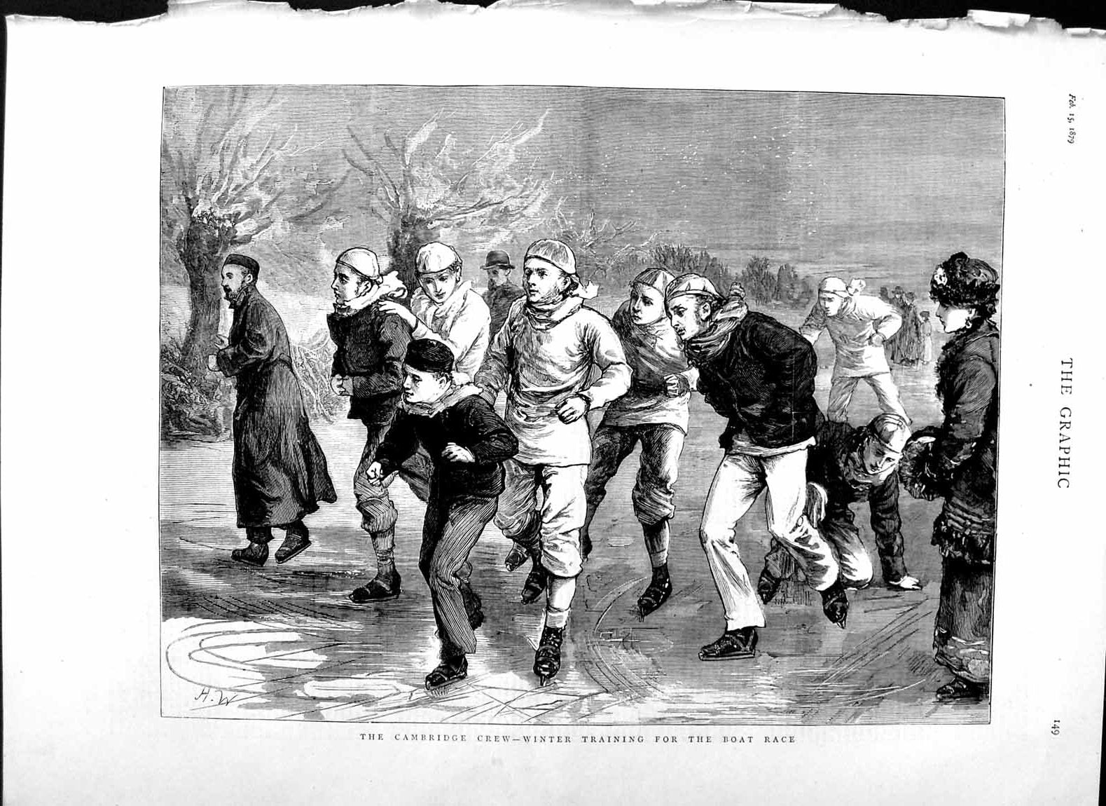 Original Old Antique Print 1879 Cambridge Crew Winter Ice Skating Boat Race