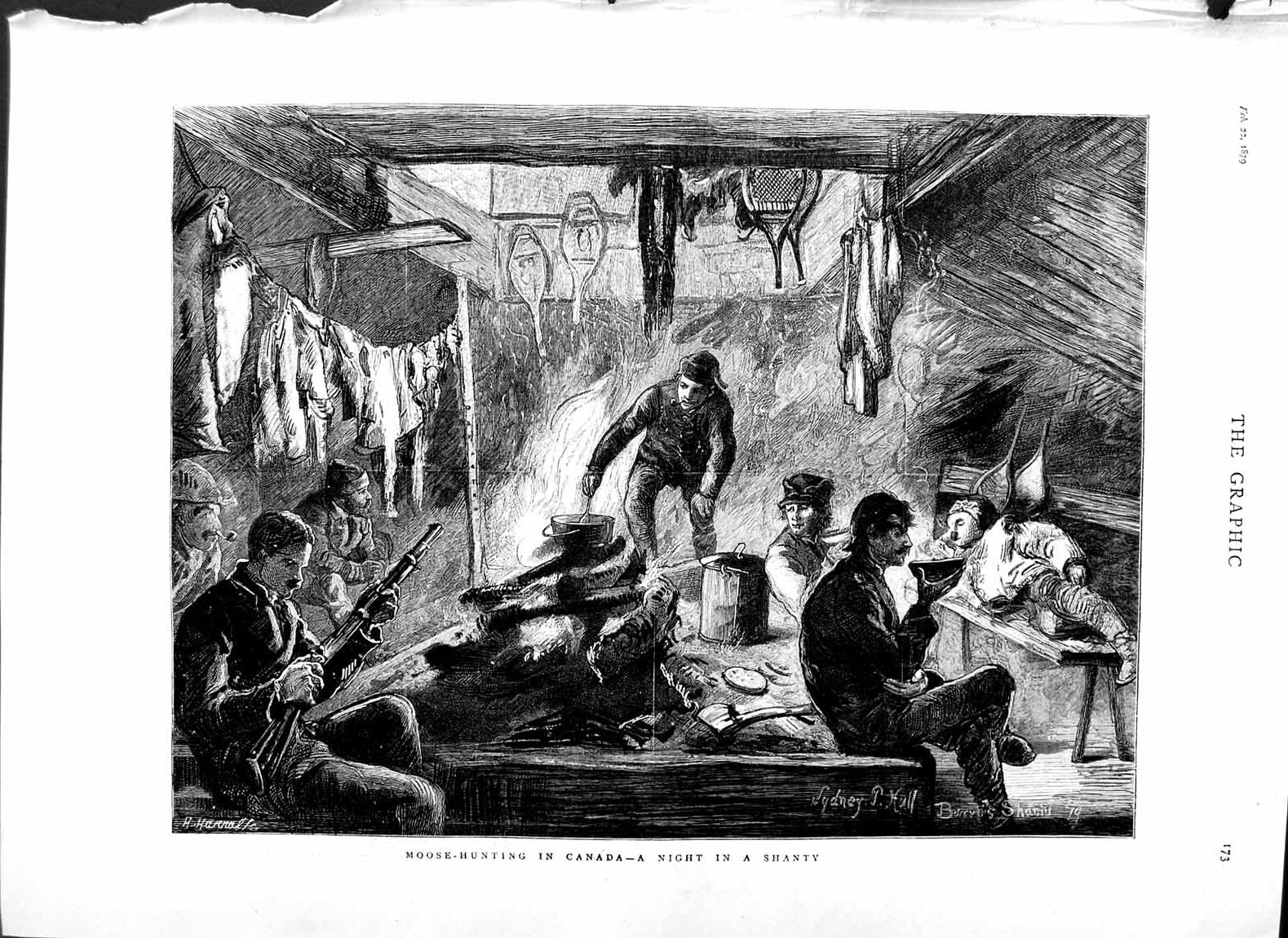 Original Old Antique Print 1879 Moose Hunting Canada Men Guns Sport Shanty 19th