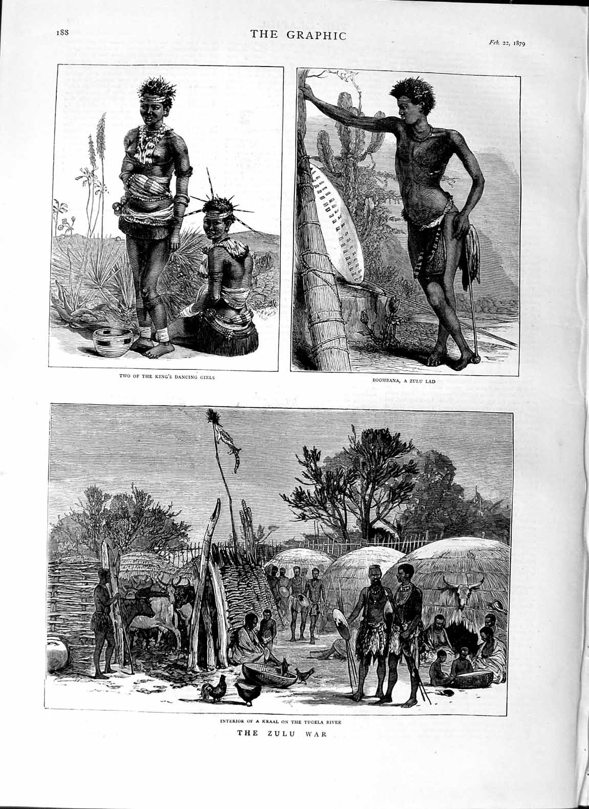 Original Old Antique Print 1879 Zulu War Kraal Tugela River Boombana King Girls