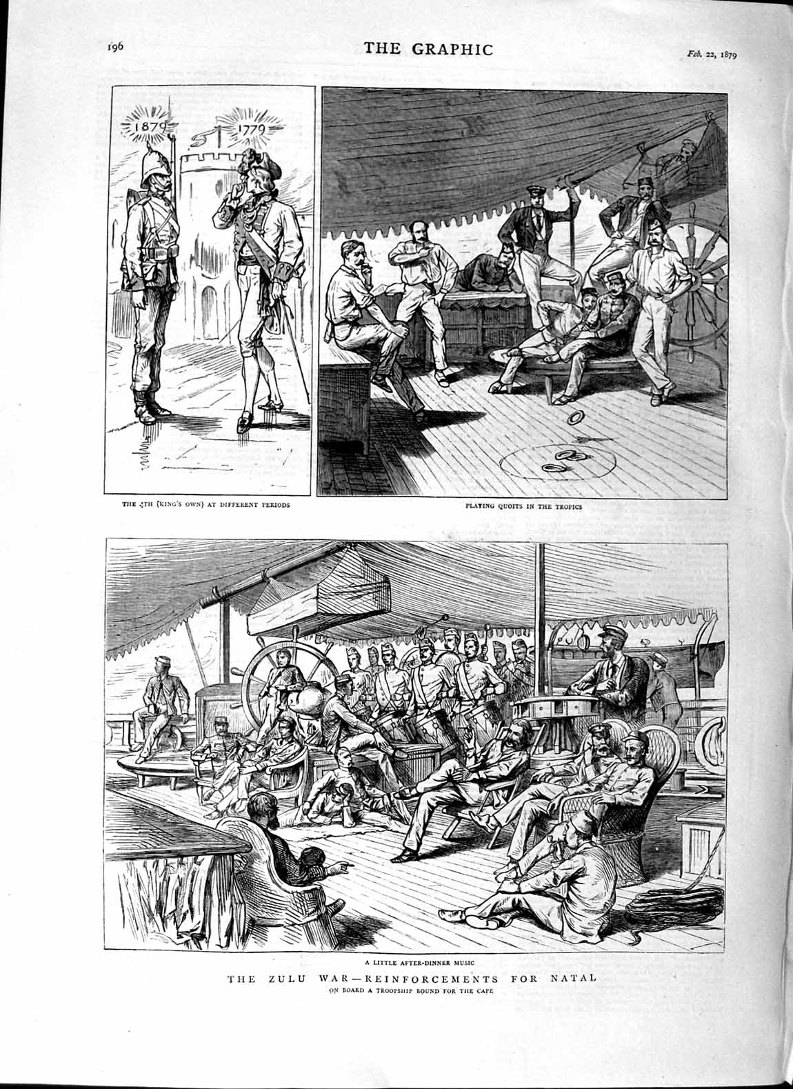 Original Old Antique Print 1879 Zulu War Natal Ship Siers Quoits Troopship Cape