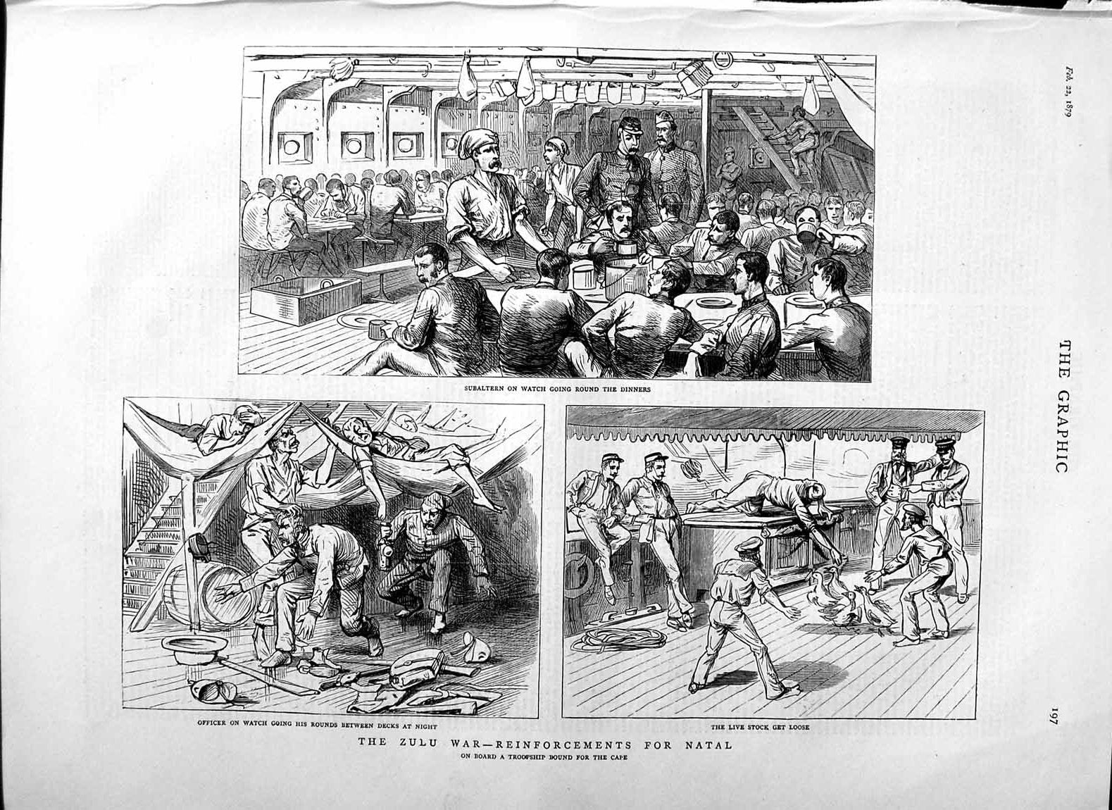 Original Old Antique Print 1879 Zulu War Natal Subaltern Siers Dinner Ship 19th