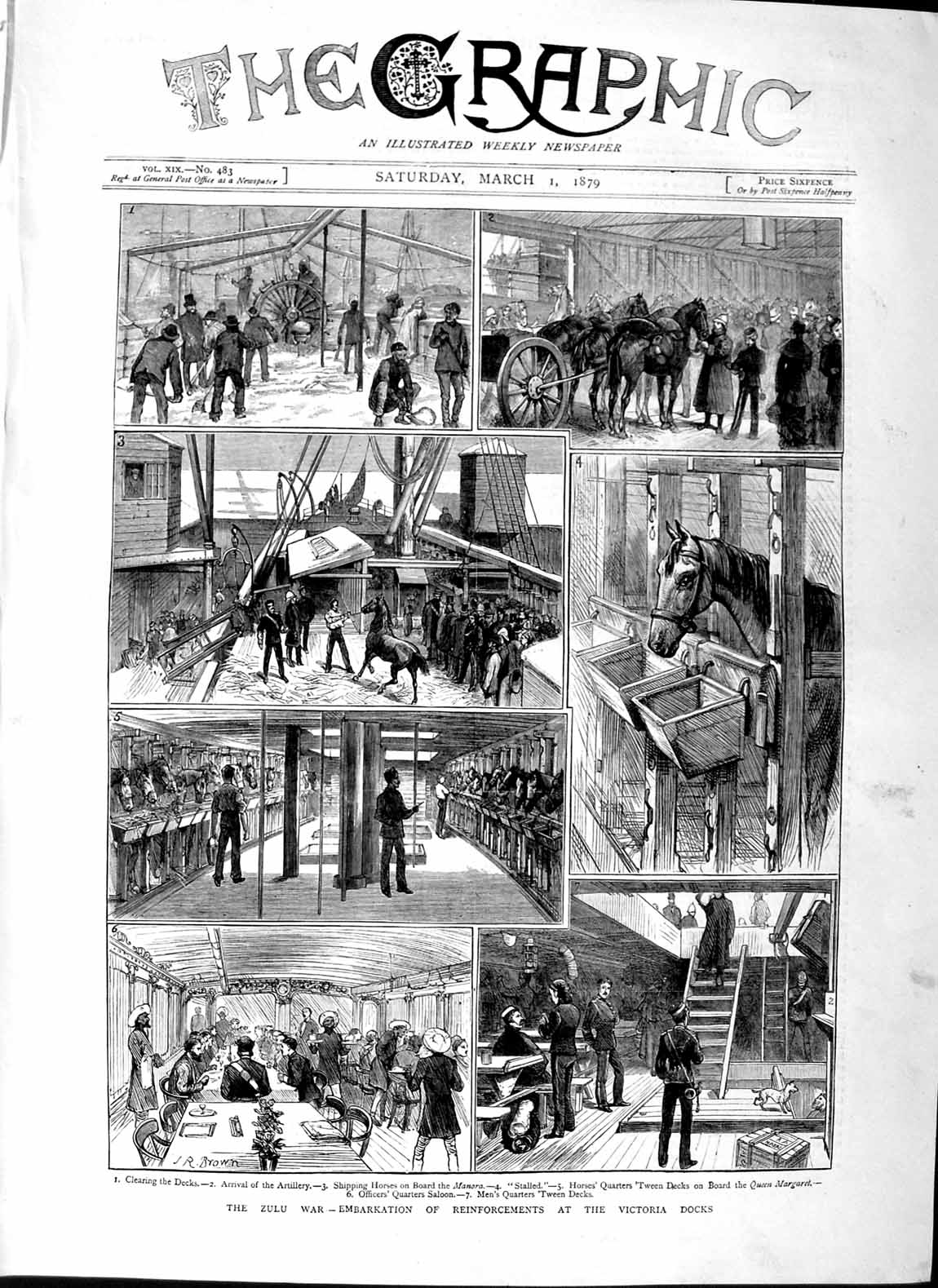 Old Antique Print 1879 Zulu War Victoria Docks Manora Queen Margaret Ship 19th