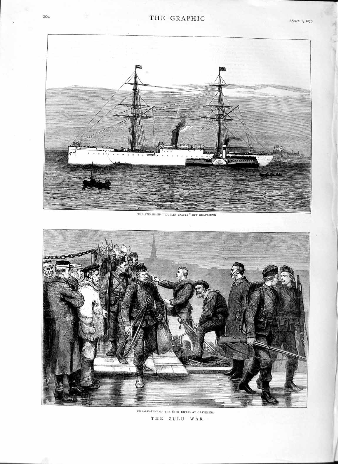 Old Antique Print 1879 Steam Ship Dublin Castle Gravesend 60Th Rifles War 19th
