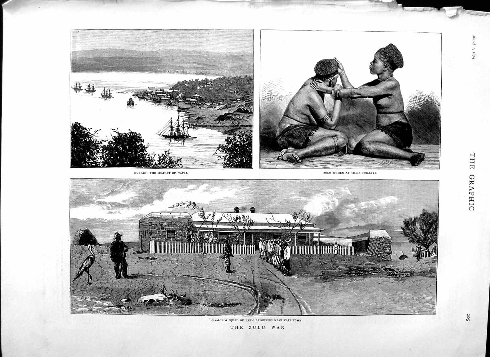 Original Old Antique Print 1879 Zulu War Durban Ships Natal Farm Labourers Cape
