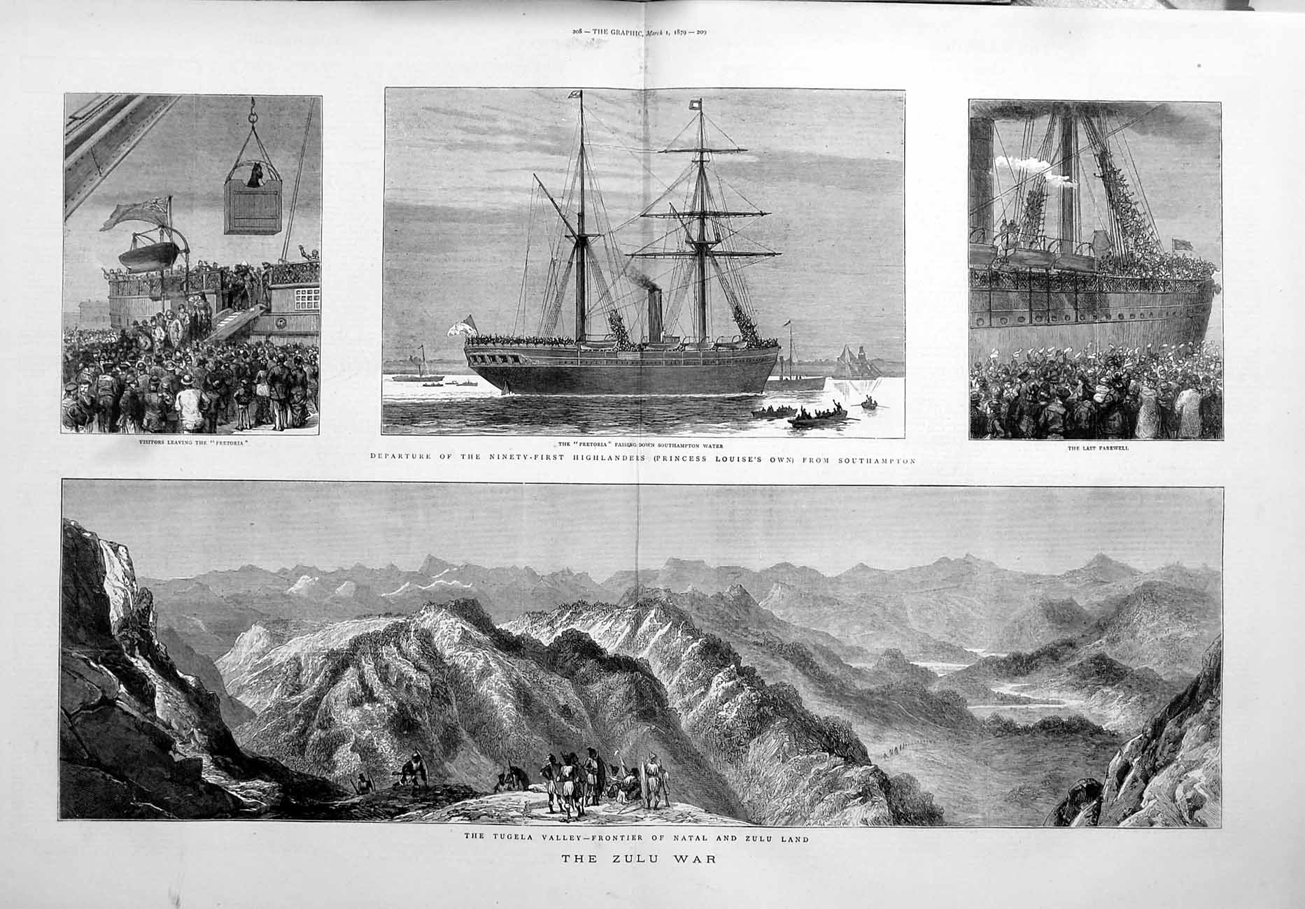 Old Antique Print 1879 Zulu War Tugela Natal Ship Pretoria Southampton 19th