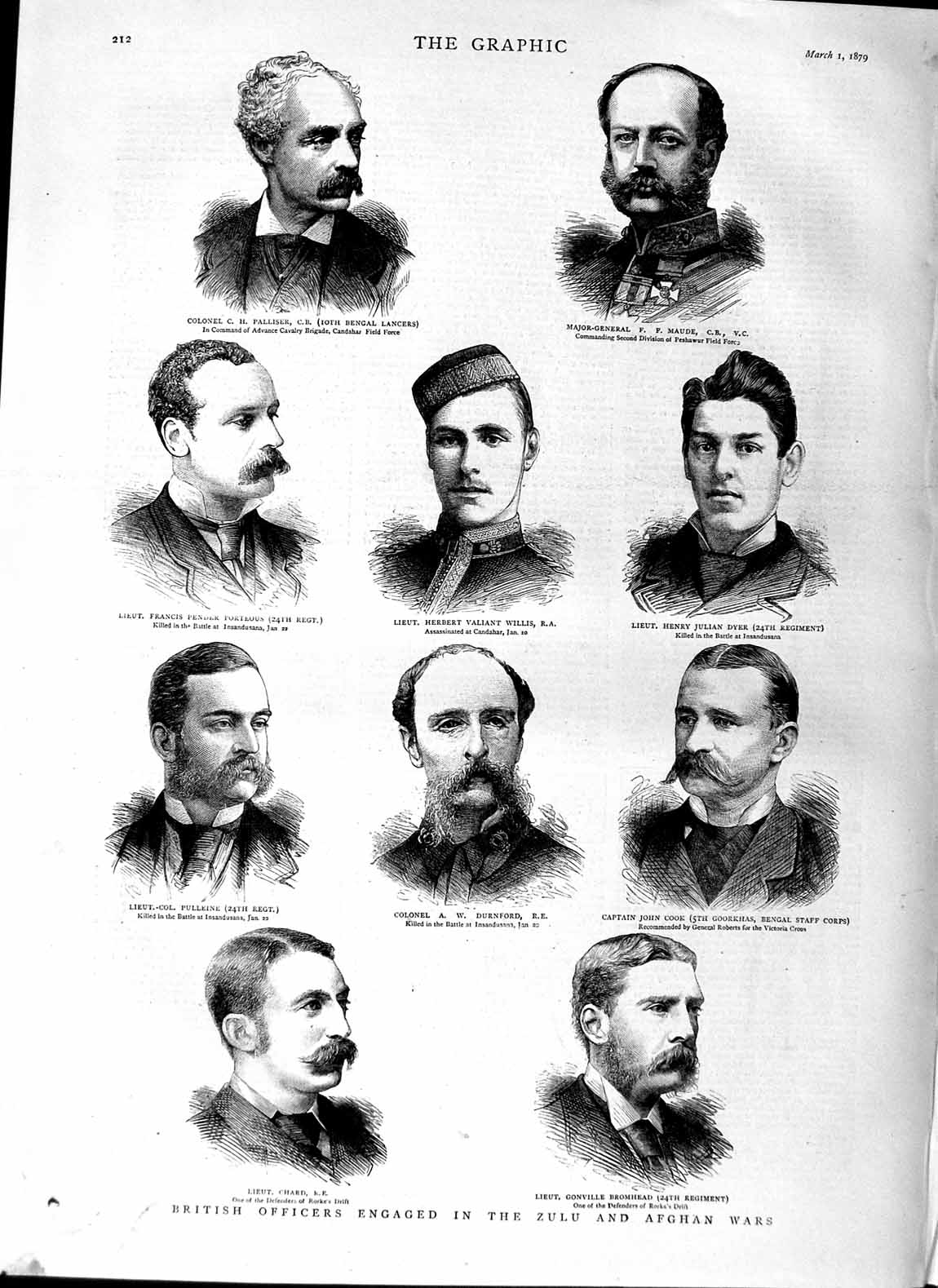 Original Old Antique Print 1879 British Officers Zulu Afghan War Willis P 19th