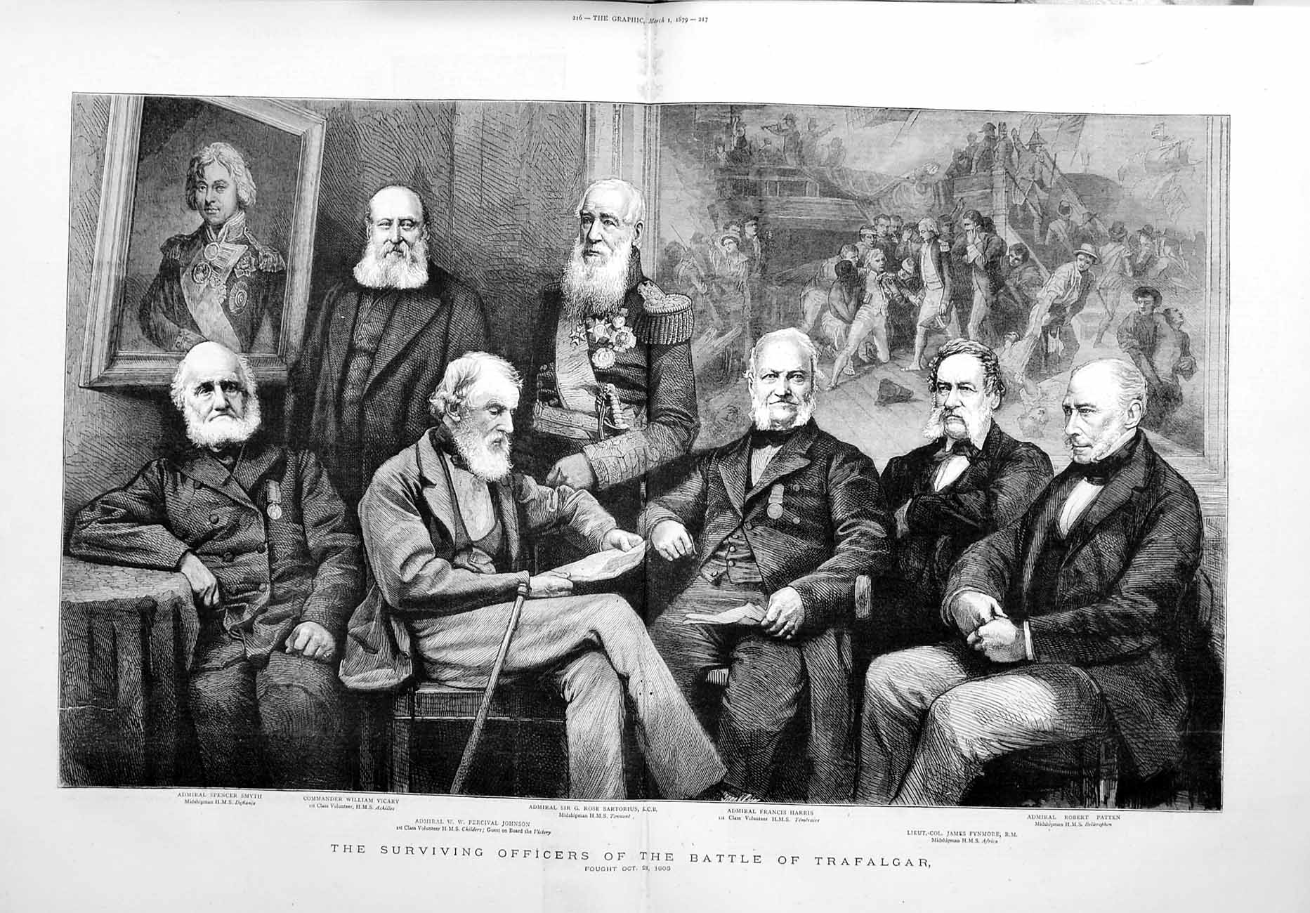 Original Old Antique Print 1879 Battle Traflagar Vicary Smyth Fynmore Pat 19th
