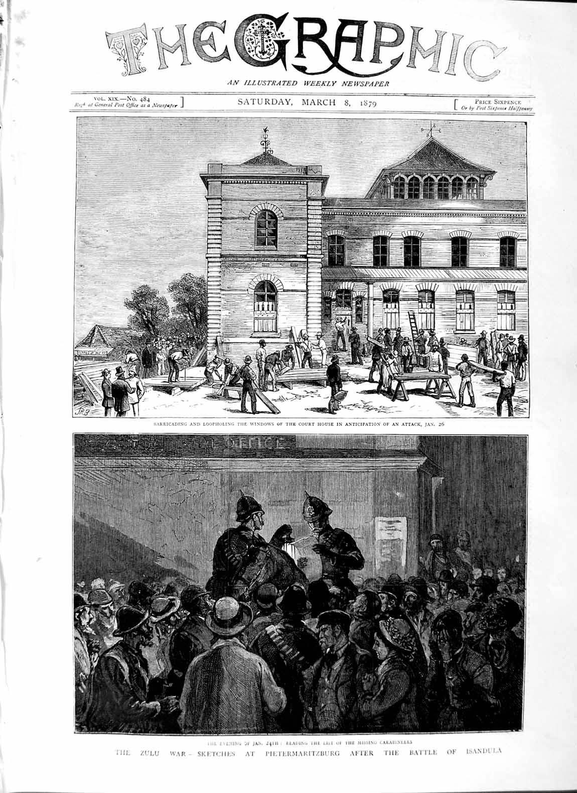 Antique Old Print *3057 1879 Zulu War Pietermaritzburg Battle Isandula Court