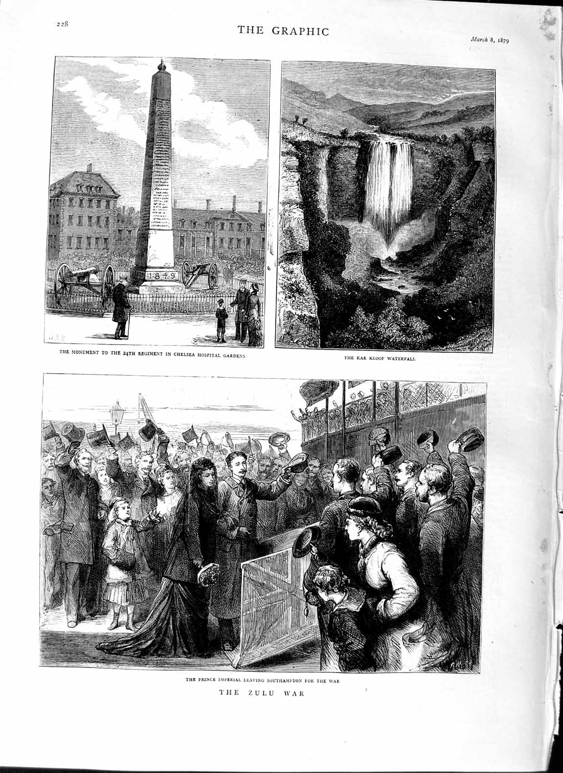 Original Old Antique Print 1879 Zulu War Kar KloWaterfall Southampton Victorian