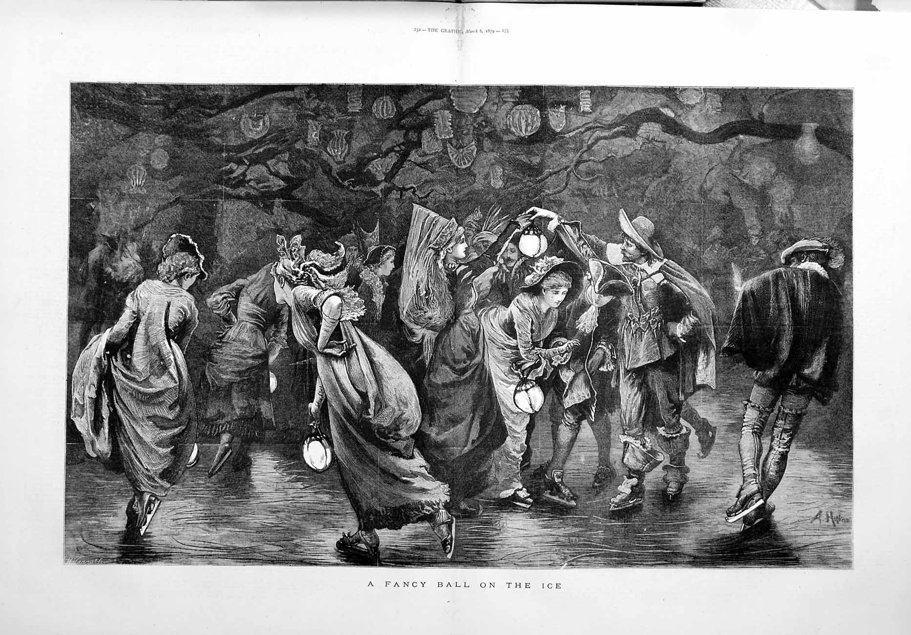 Old Antique Print 1879 Fancy Ball Ice Dancing Skates Ladies Men Fine Art 19th
