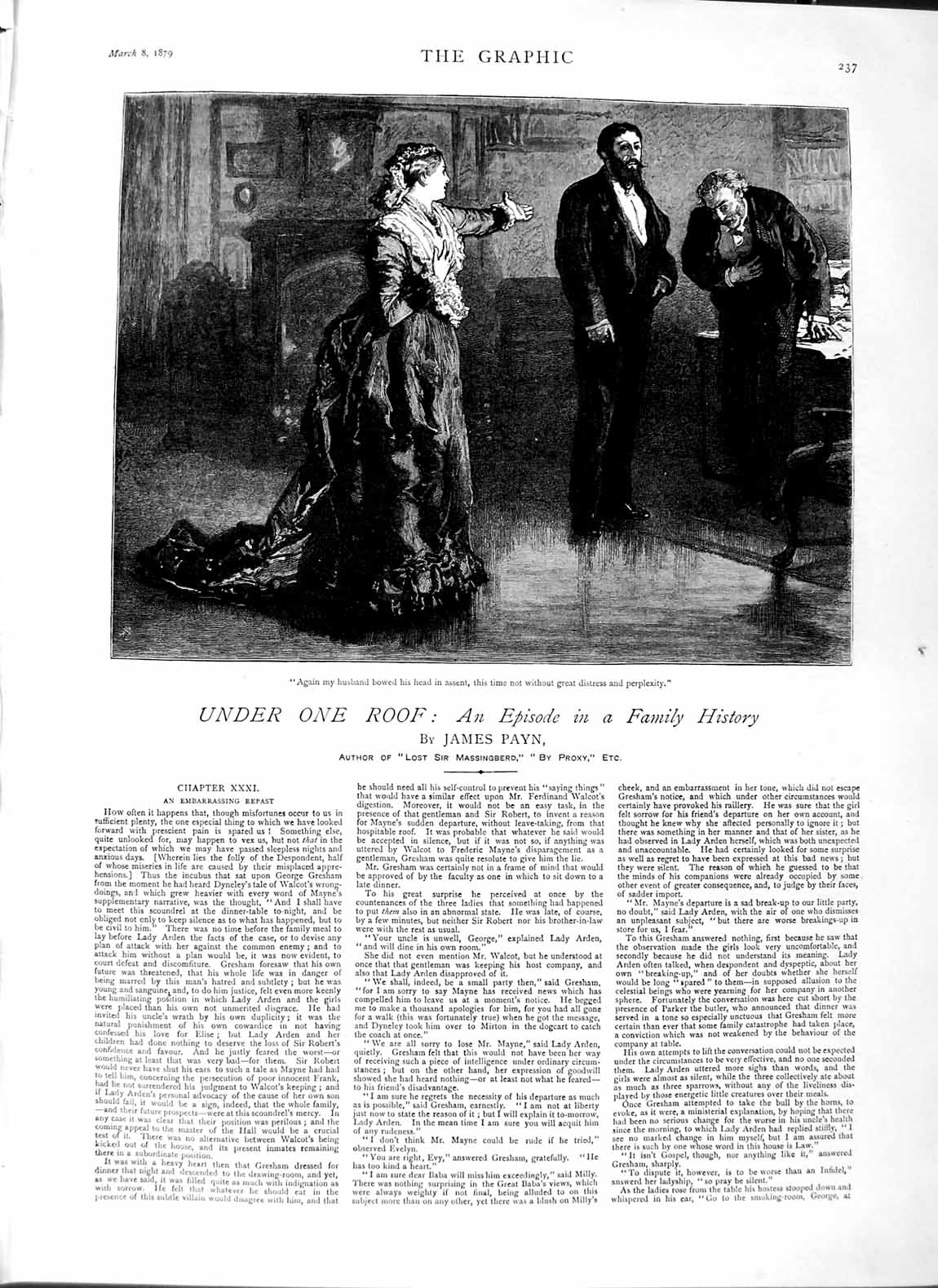 Original Old Antique Print 1879 James Payn Illustration Story Man Woman Romance