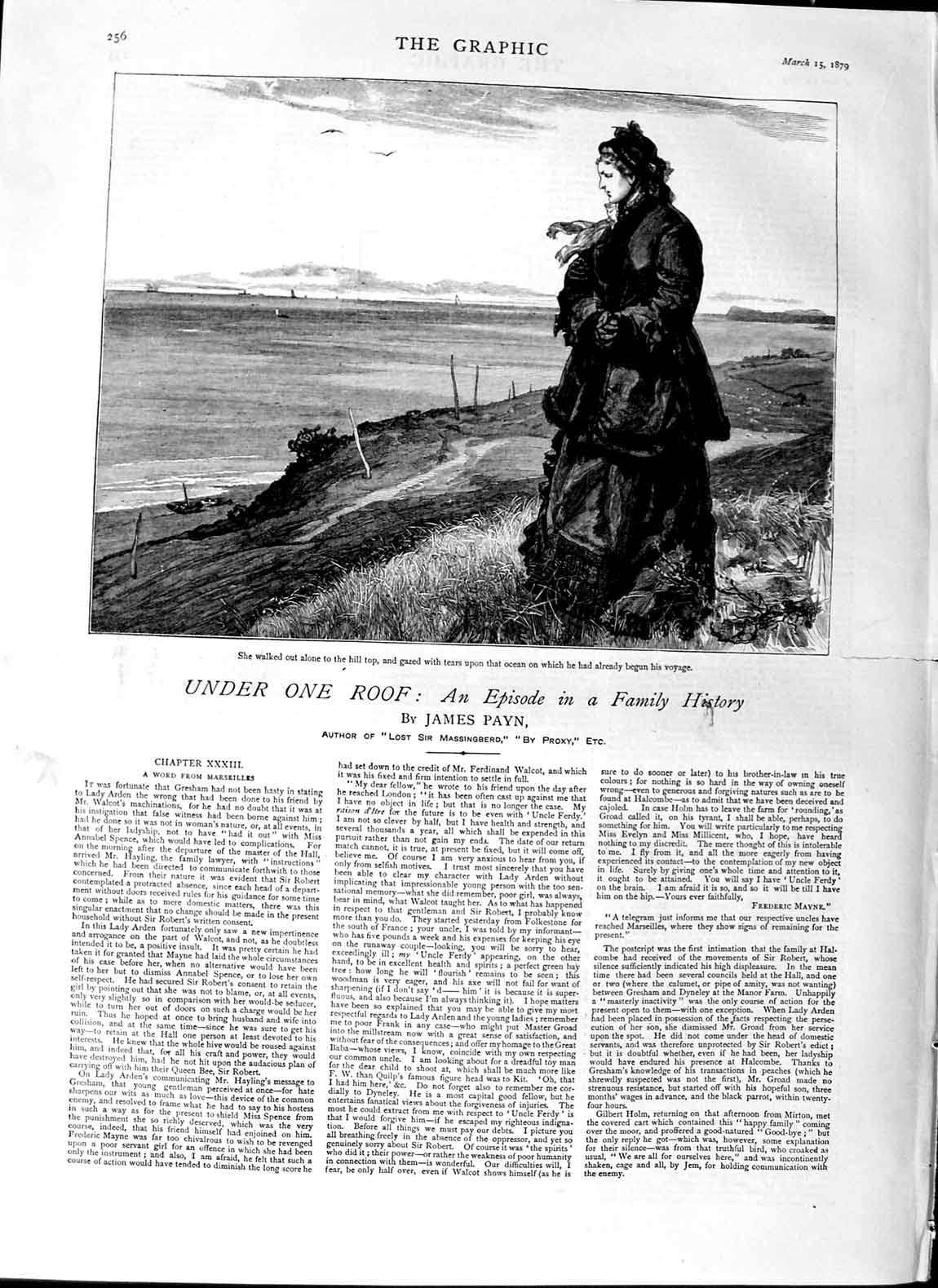Original Old Antique Print 1879 James Payn Illustration Story Lady Ocean View