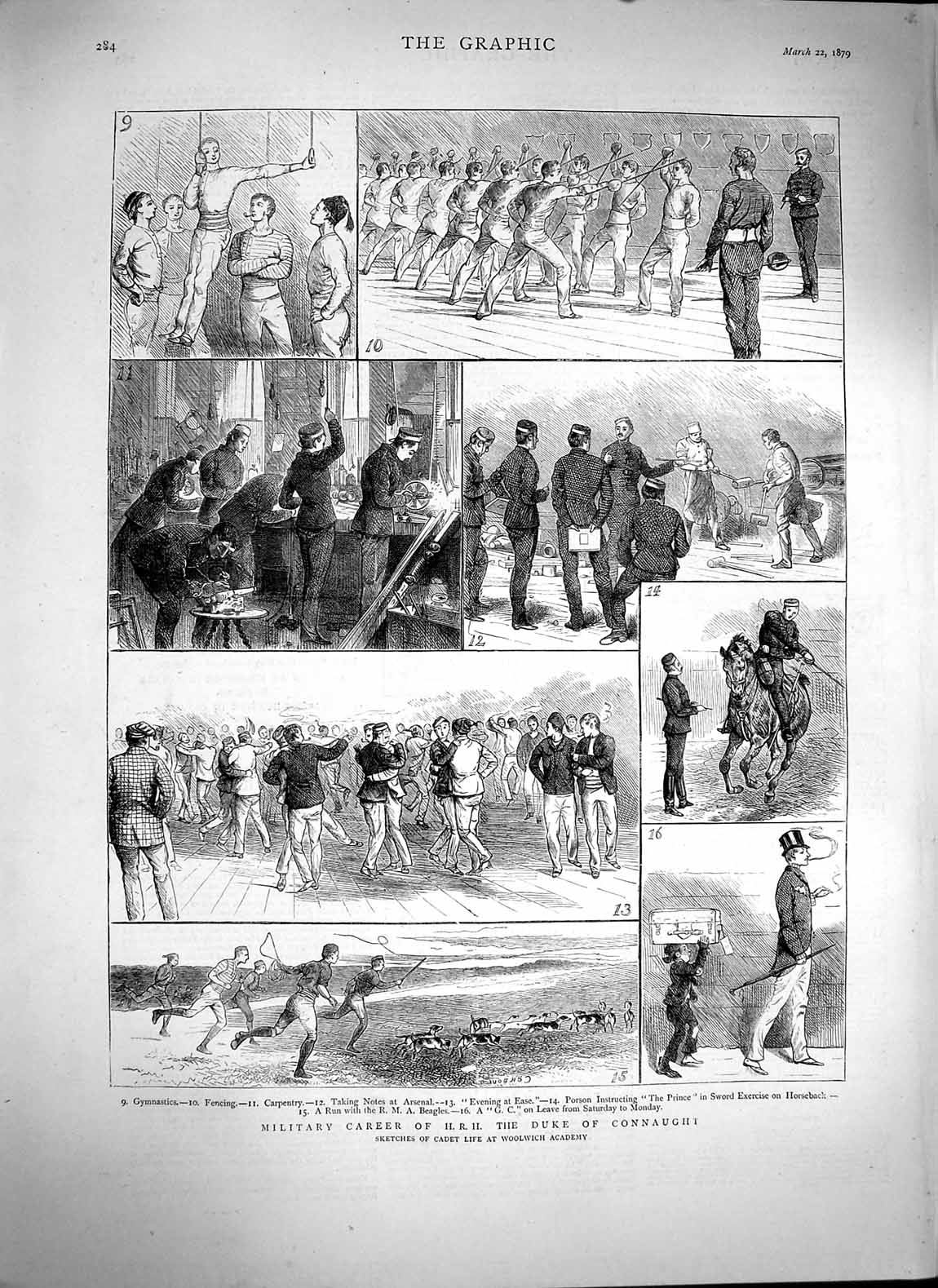 Original Old Antique Print 1879 Duke Connaught Gymnastics Woolwich Acadmey 19th
