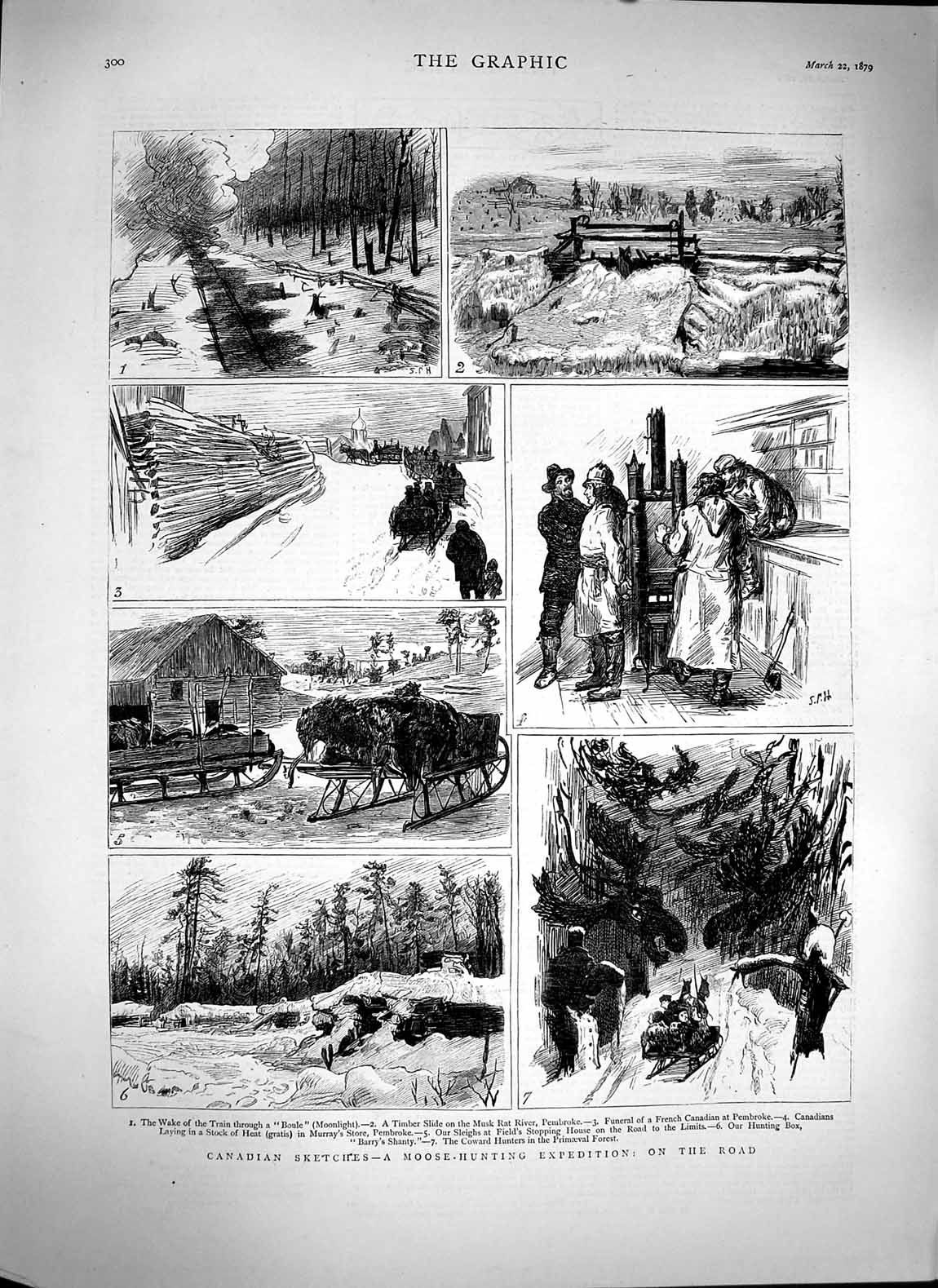 Old Antique Print 1879 Canada Moose Hunting Train Pembroke Musk Rat River 19th
